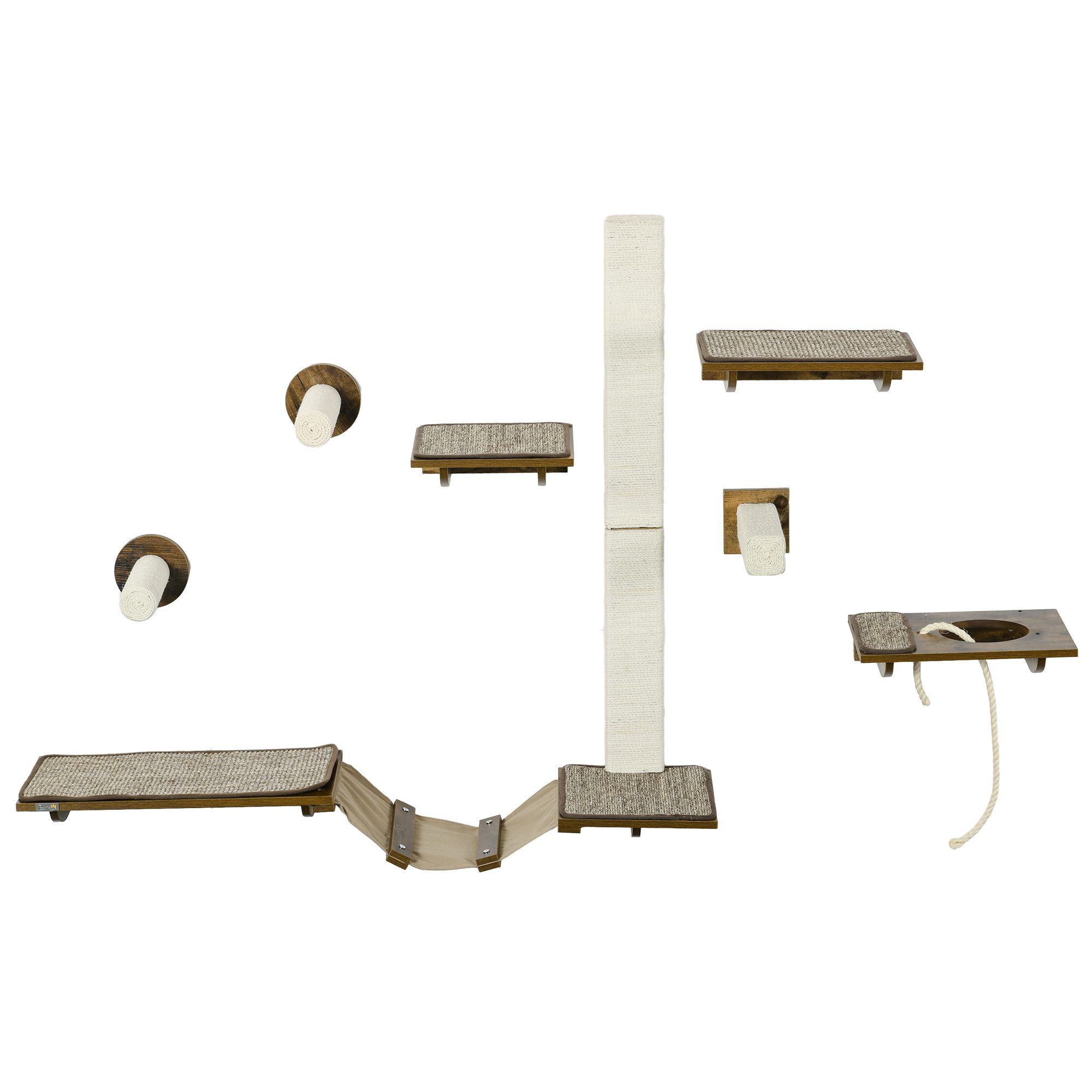 furnicato Katzen-Kletterwand Katzenwandregale Braun+Cremeweiß 136B x 29T x 8,5H cm, Sisal-Kletterwand mit Kratzpfosten und acht Elementen für Katzen