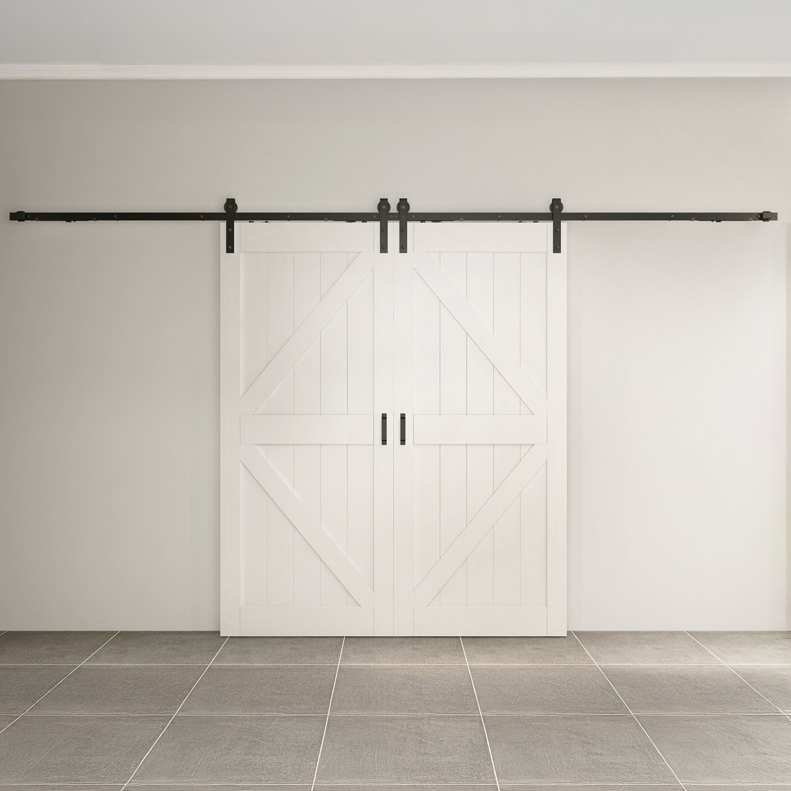 inova wohnen Doppelschiebetür Holz Scheunentor Weiß Größenauswahl (Komplett Set), Laufschiene schwarz Softclose