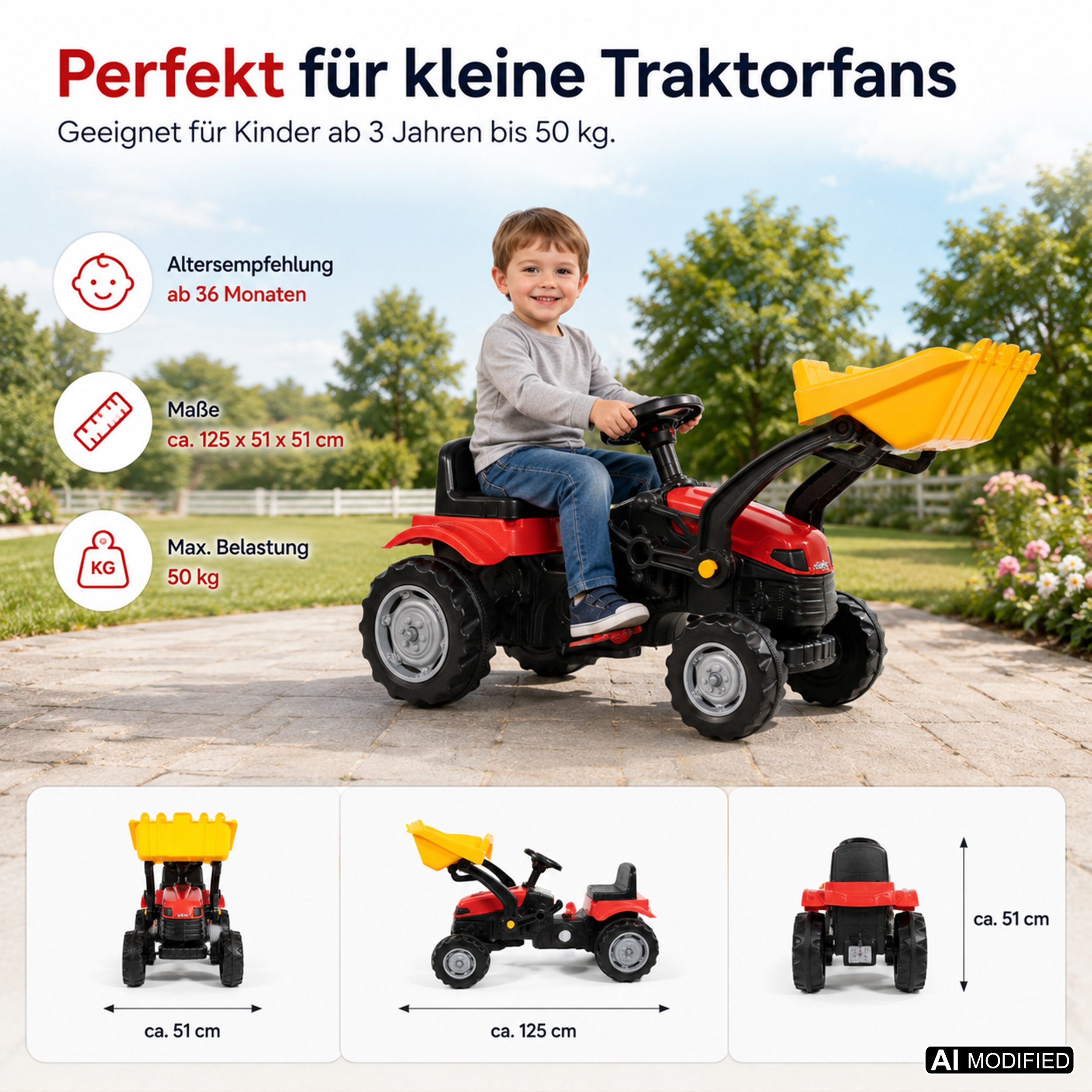 Lemodo Trettraktor Kindertraktor mit Schaufel und Hupe, Trettrecker in gelb