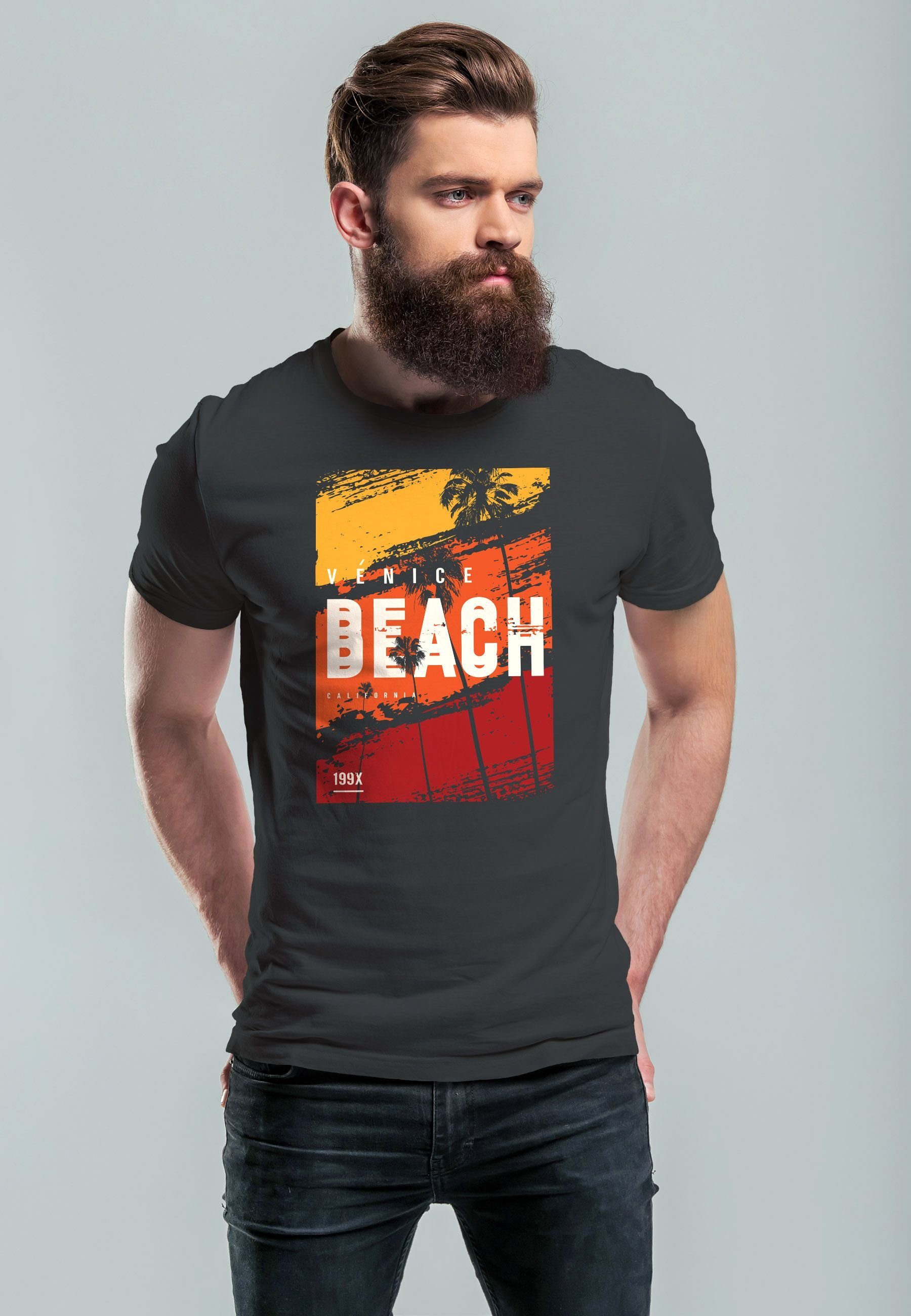 Sommer Neverless Venice Strand Print-Shirt Print Herren anthrazit Palme Beach Surfing T-Shirt Motiv Aufdruck mit