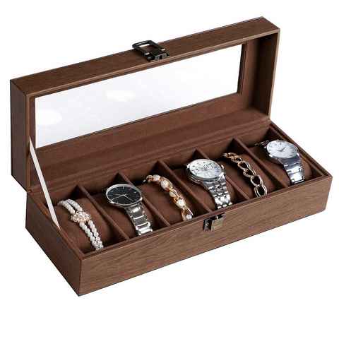 SONGMICS Uhrenbox Uhrenkasten, mit 6 Fächern, Glasdeckel, als Geschenk, Kunstleder, mit Uhrenkissen