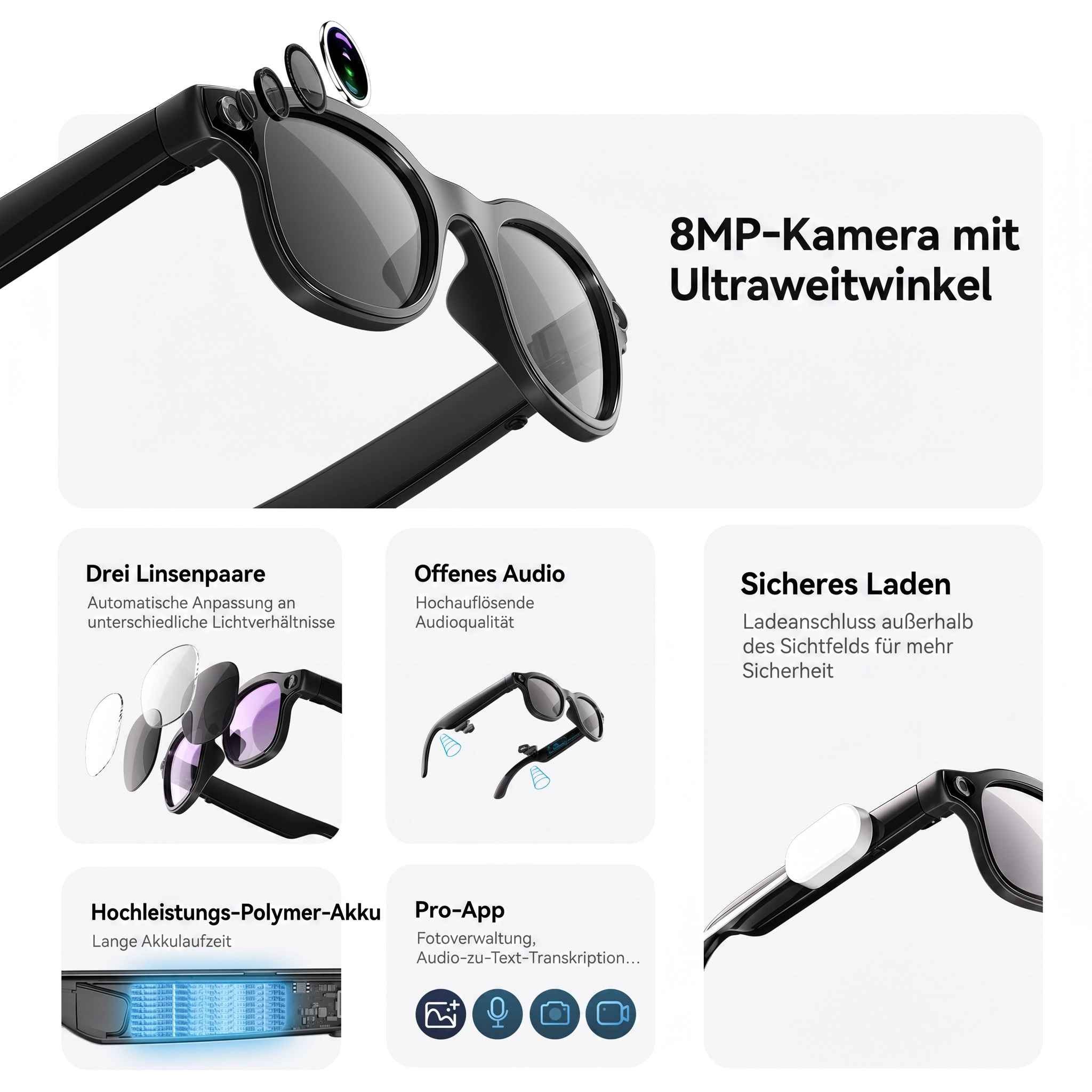BBG LED-Brille Smart Glasses mit 8MP Kamera, Bluetooth 5.4, AI-Sprachassistent Open-Ear Audio, Wechselgläser, kabelloses Laden, für Android & iOS