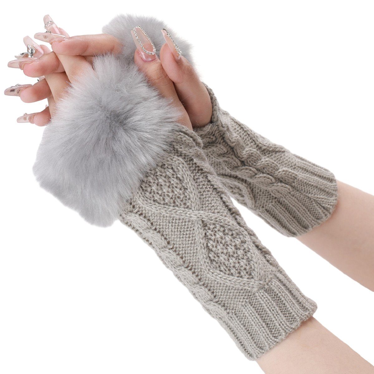 Fingerlos Für Damen Jormftte Handschuhe,Winter Strickhandschuhe Fingerlose Hellgrau frauen Armstulpen