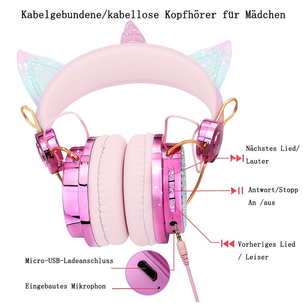 Kinderkopfhörer Bluetooth-Kopfhörer Bluetooth GelldG Kabellos 5,0 Bluetooth-Kopfhörer Einhorn