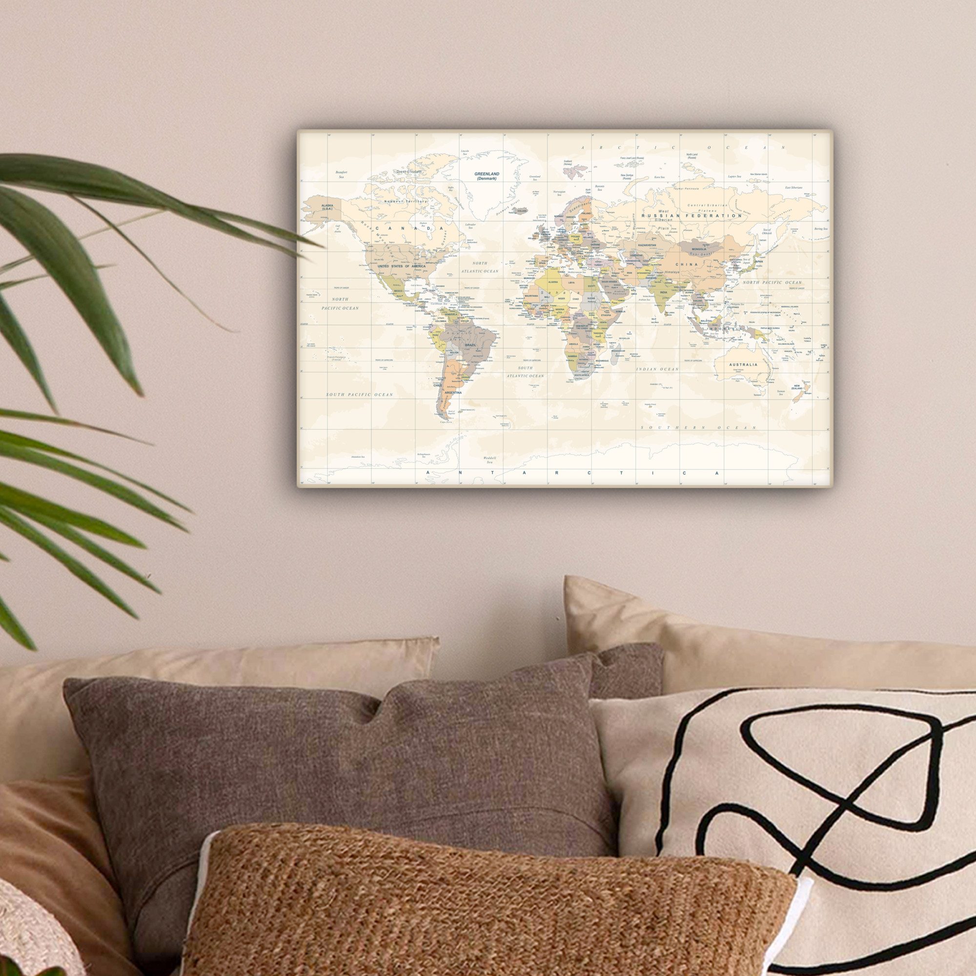 OneMillionCanvasses® Leinwandbild Welt - Karte - Retro, Fotodruck (1 St), Leinwand Bilder Klein, Wand Dekoration Aesthetic 30x20 cm