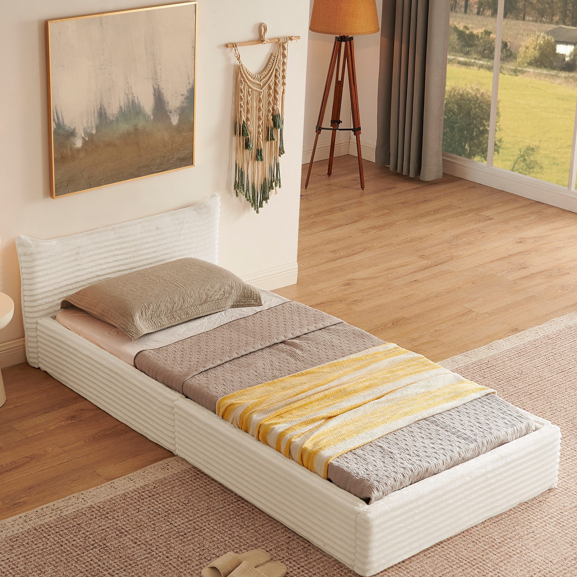 OKWISH Polsterbett Chenille - Bezug (Kinderbett mit Lattenrost, 1-tlg., 90*200cm, ohne Matratze), Eukalyptusholz+Stabiler Eisenrahmen