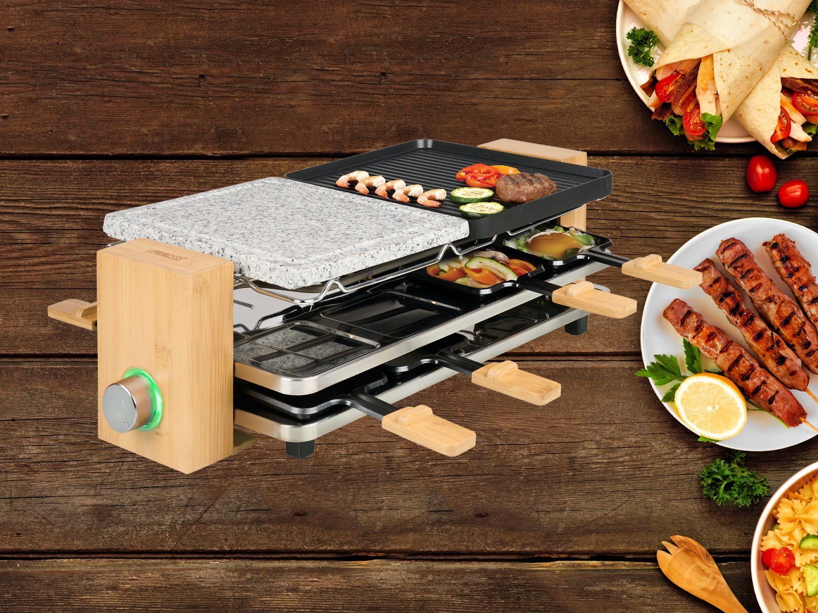 PRINCESS Raclette, 8 Raclettepfännchen, 1300 W, Bambus 5in1 Gerät für 2-8 Personen Tisch-Grill & Steingrill-Platte