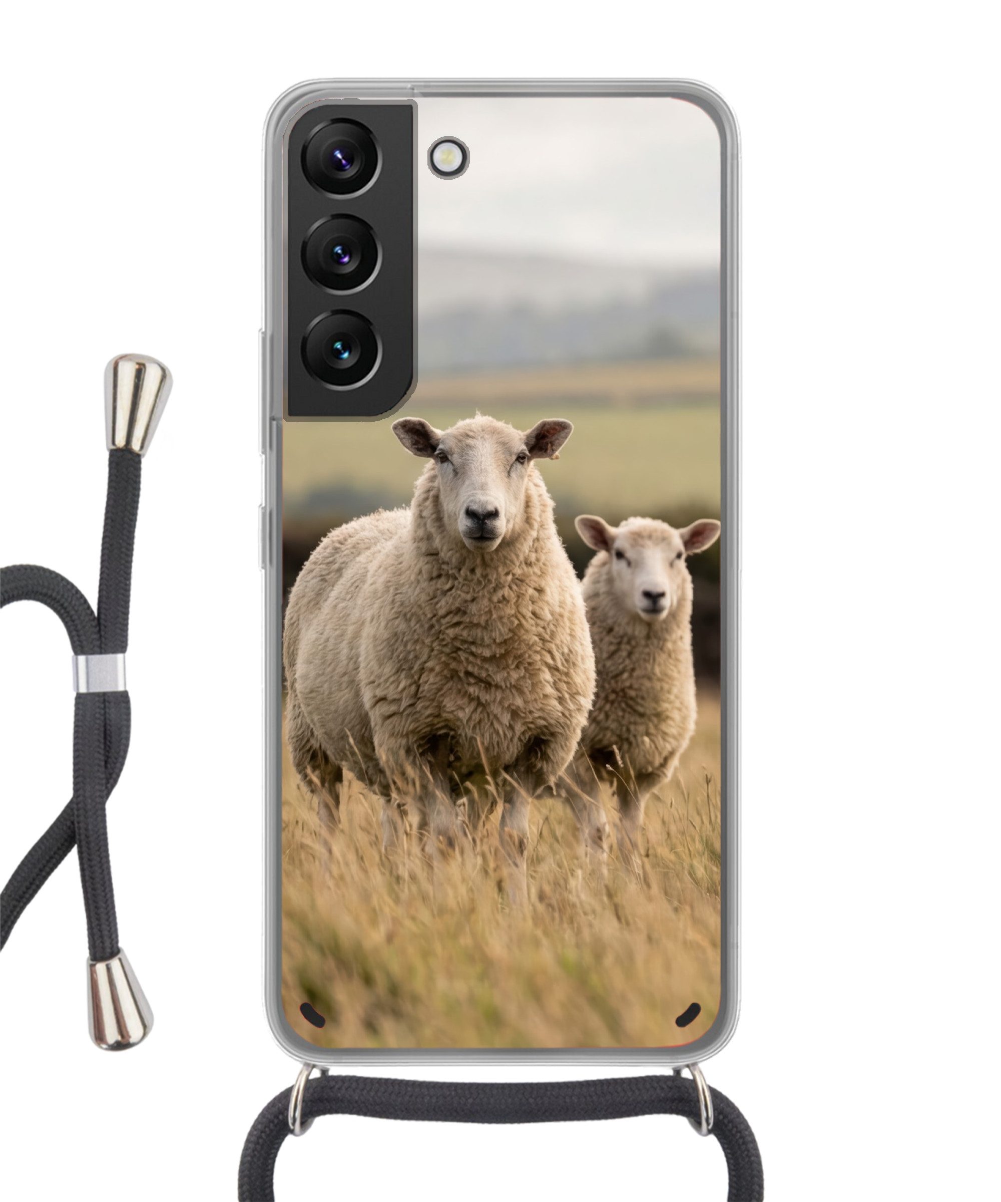 MuchoWow Handyhülle für Samsung Galaxy S22 Schafe - Weidelandschaft - Hügel, Tragbare Handyhüllen mit Kette zum umhängen, Handykette Handyband
