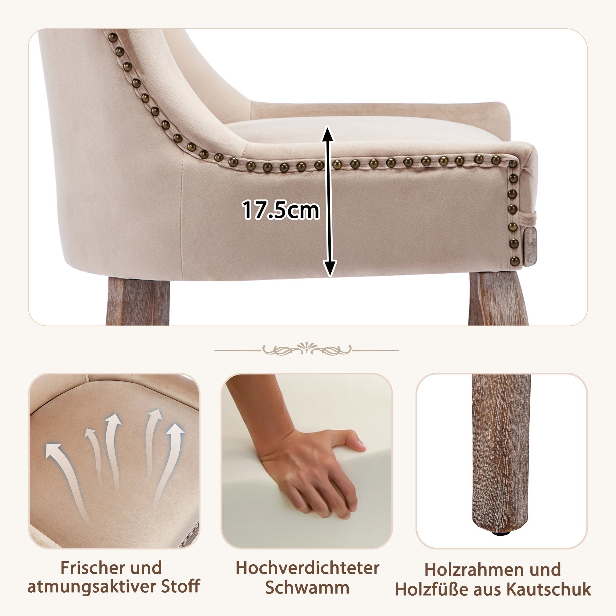 Küchenstühle aus Polsterstuhl Samt, Beinen Flieks Esszimmerstuhl Beige Set, Wohnzimmerstuhl, 2 St), Massivholz (2er