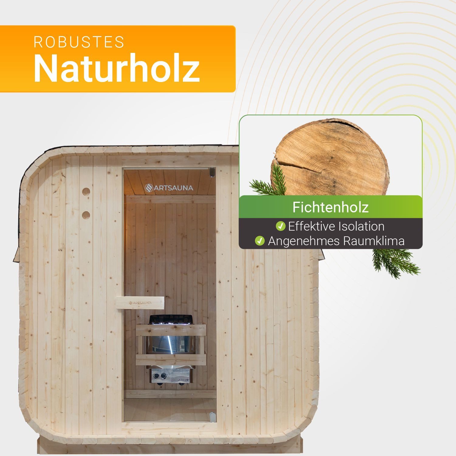 Artsauna Fasssauna Nolvik, BxTxH: 185 x 180 x 194 cm, 38 mm, Für 4 Personen, 6 kW Saunaofen, Fichtenholz, Zubehör-Set