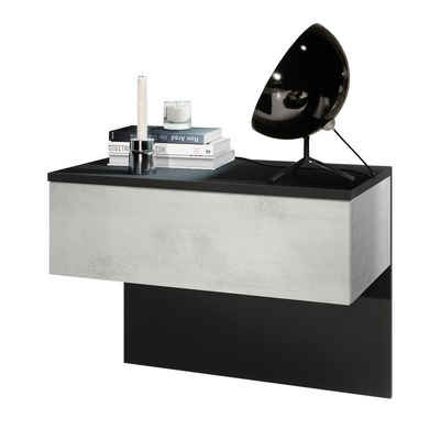 Vladon Nachttisch Sleep (Nachttischschrank, mit Schublade zur Wandmontage), Schwarz matt/Beton Oxid Optik (60 x 46 x 35 cm)