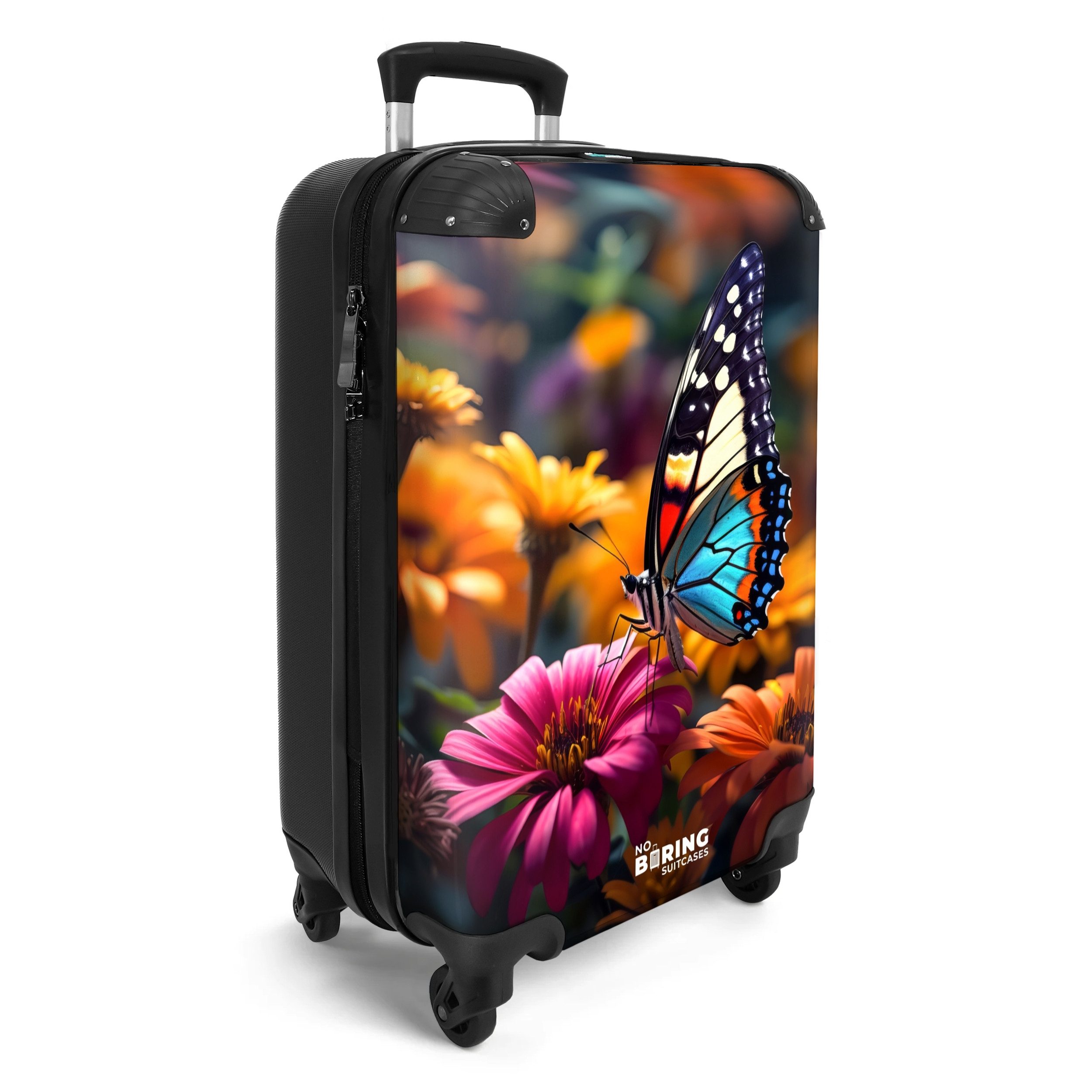 NoBoringSuitcases.com© Hartschalen-Trolley Schmetterling auf bunten Blumen günstig online kaufen