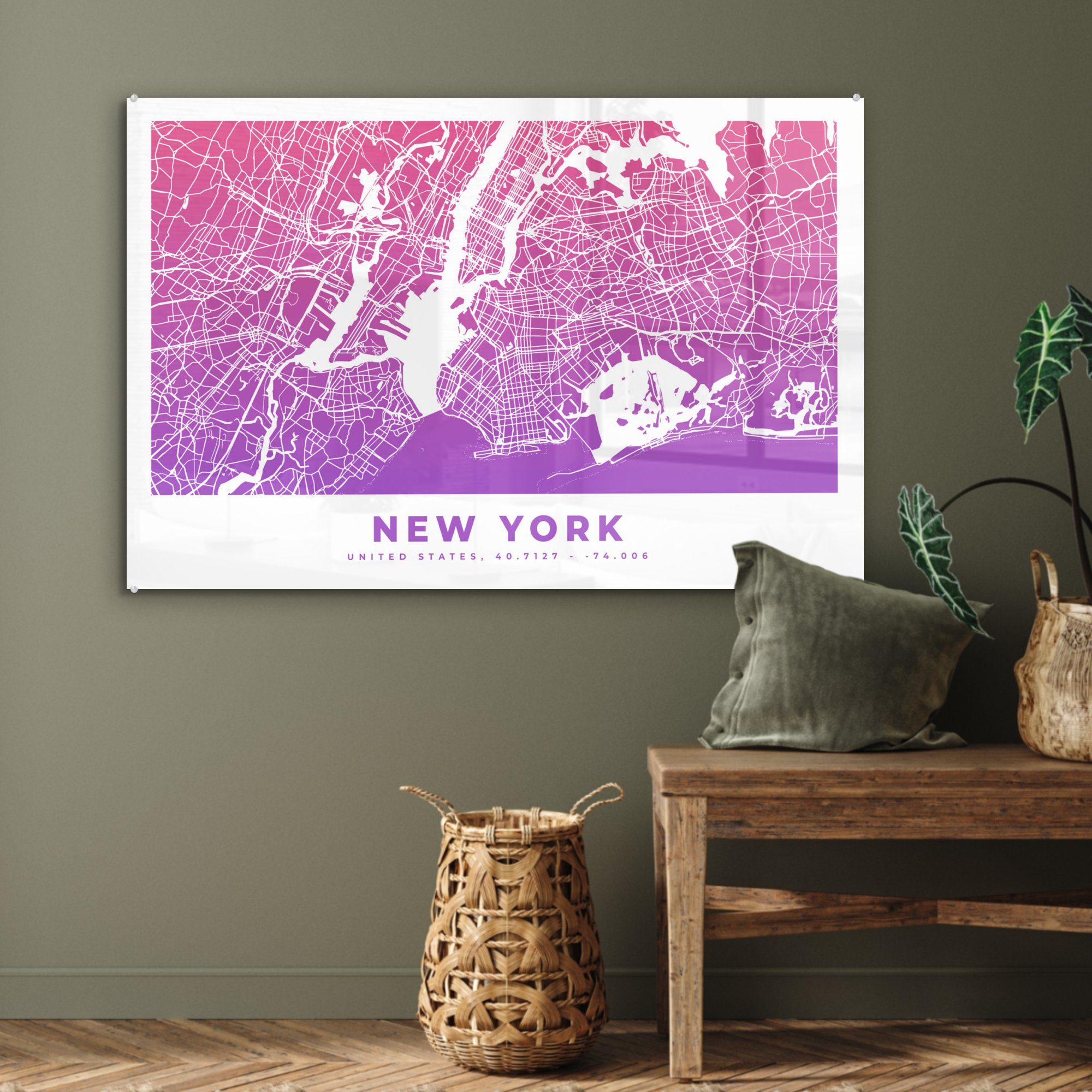 MuchoWow Acrylglasbild New Karte, (1 St), Wohnzimmer Amerika Acrylglasbilder - Schlafzimmer York & 