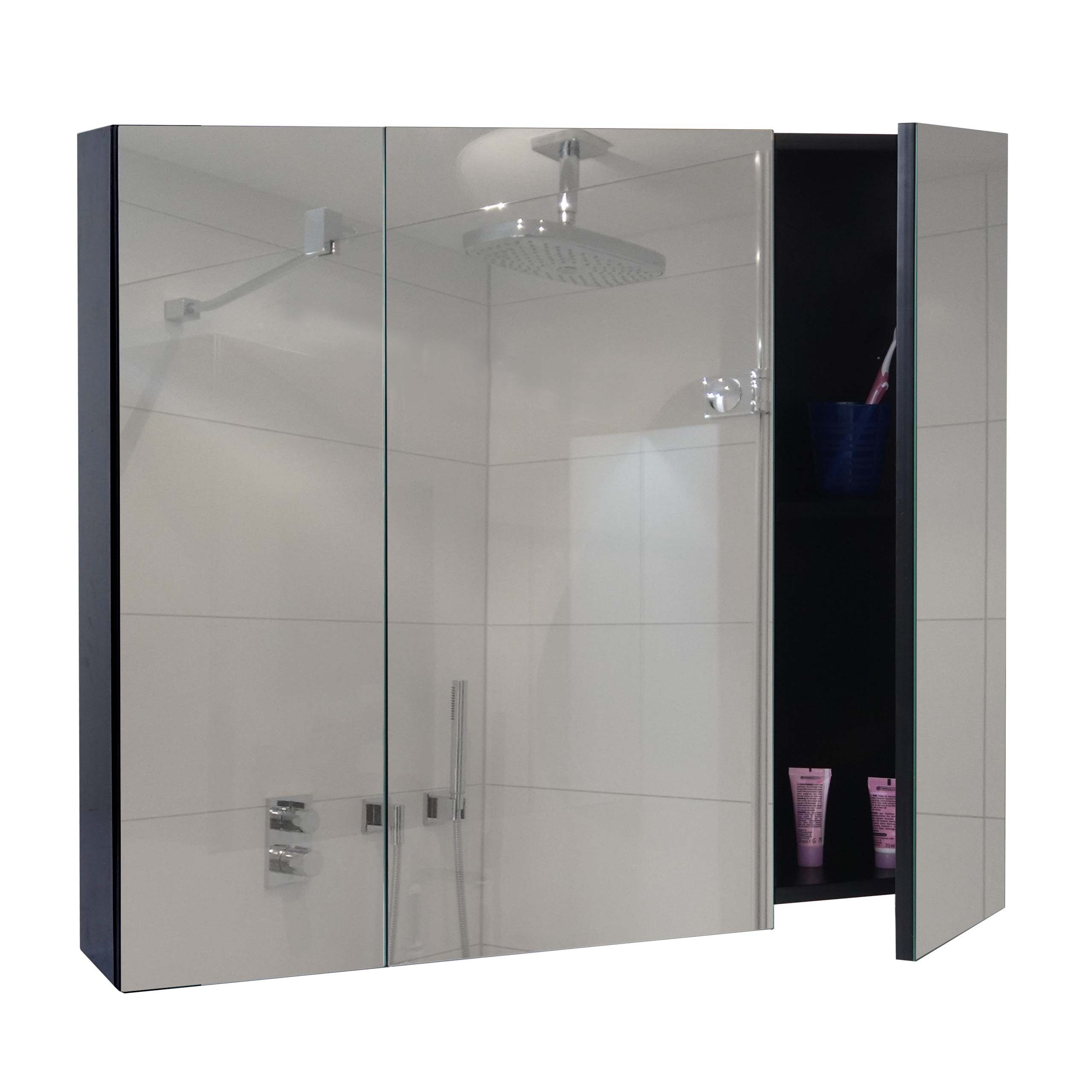 Ablageflächen, schwarz Badezimmerspiegelschrank MCW Hochglanz-Optik MCW-B19b-80 schwarz | mit
