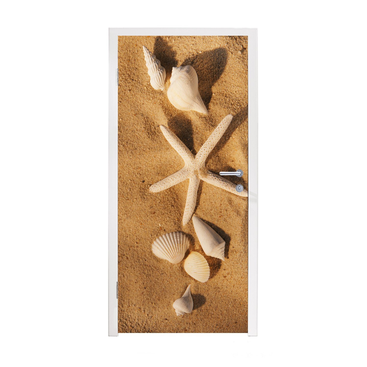 MuchoWow Türtapete Seesterne - Muscheln - Sand, Matt, bedruckt, (1 St), Fototapete für Tür, Türaufkleber, 75x205 cm