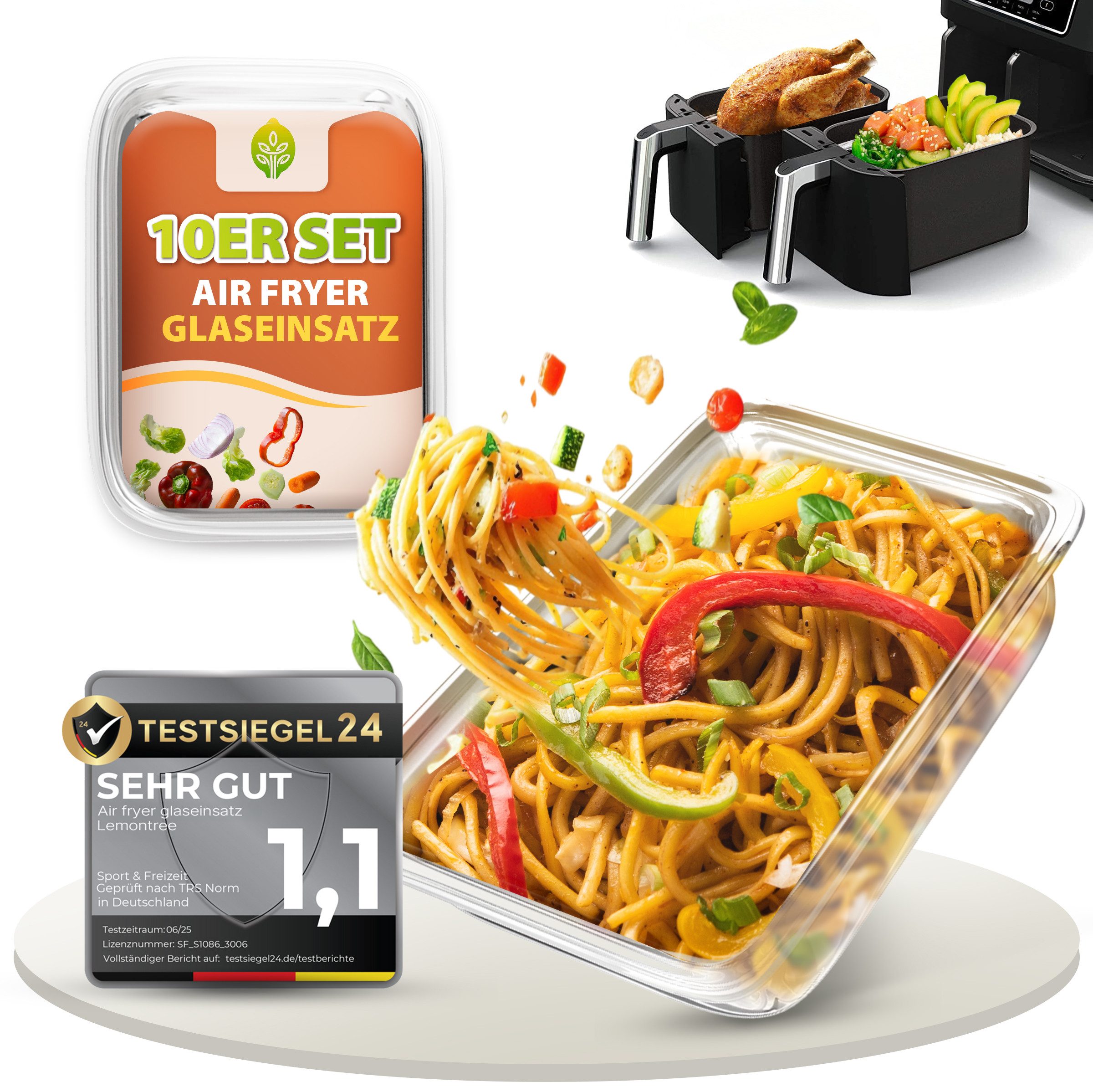 Lemontree Küchenmaschinen Zubehör-Set Glasbehälter für Airfryer –Airfryer Zubehör BPA-frei spülmaschinenfest, Zubehör für Alle gängigen Airfryer, Heißluftfritteusen, Mikrowellen, Öfen & Gefrierschränke, Vorratsdosen Set hitzebeständig bis 300°C - Ersatz für Silikonform