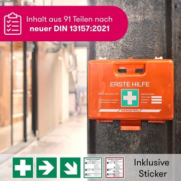 Werkstein Erste-Hilfe-Koffer inkl. Augenspülflasche 200ml, Wandhalterung, 5x Aufkleber & Plombe, Mit Inhalt nach DIN 13157:2021