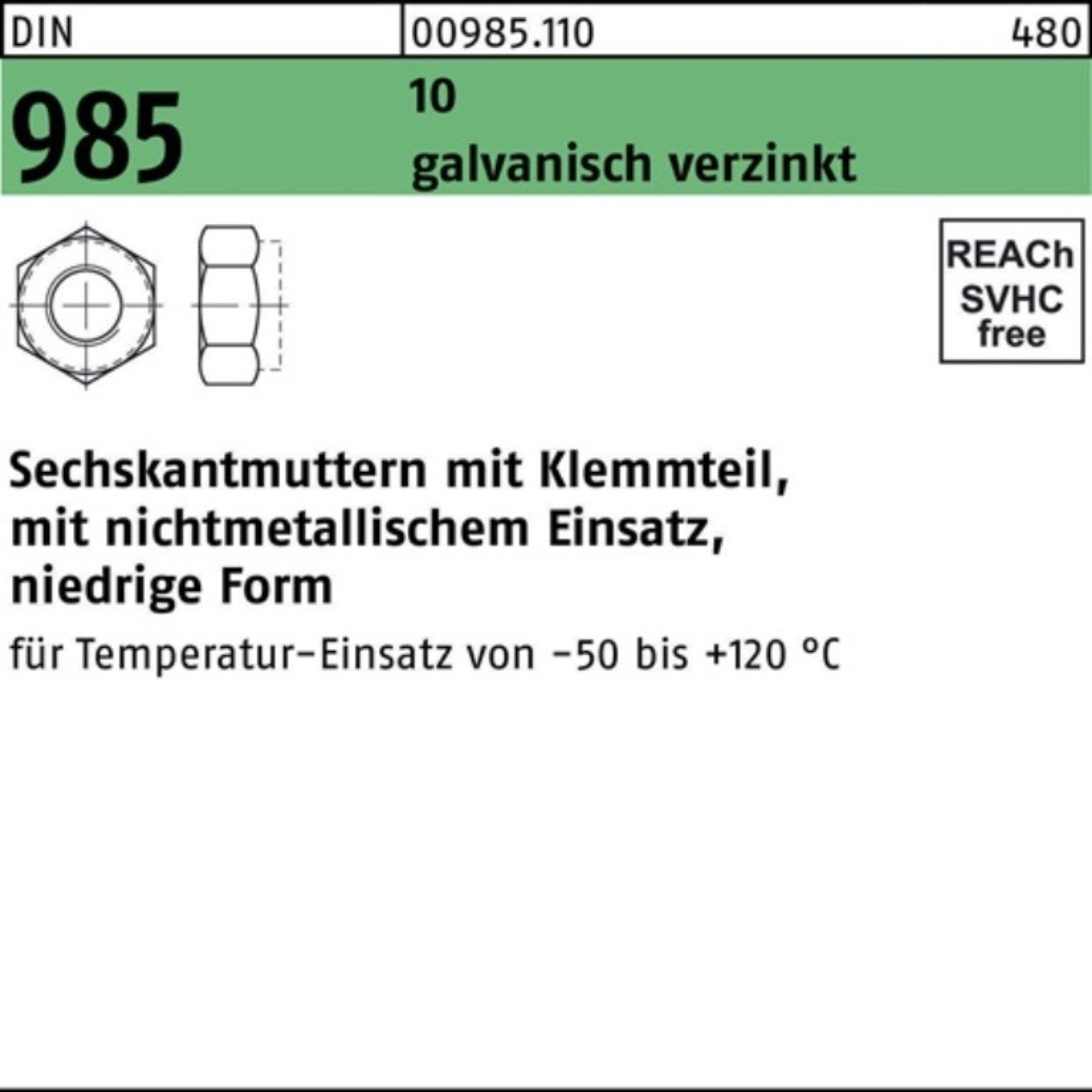 Reyher Muttern 100er Pack 009851109100000 Sechskantmutter DIN 985 m.Klemmteil M 10 10