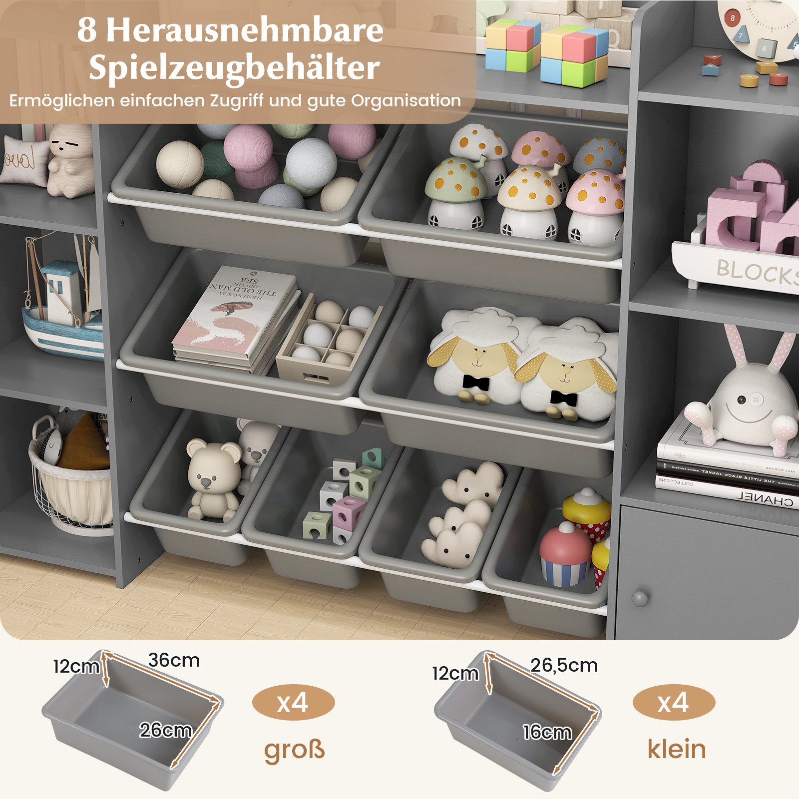COSTWAY Kinderregal, 4-stöckiges Spielzeugregal mit 8 Boxen, Holz, grau