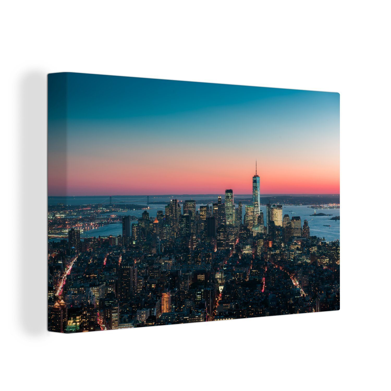 OneMillionCanvasses® Leinwandbild Beeindruckender Sonnenuntergang am World Trade Center in Manhattan, (1 St), Wandbild Leinwandbilder, Aufhängefertig, Wanddeko, 30x20 cm