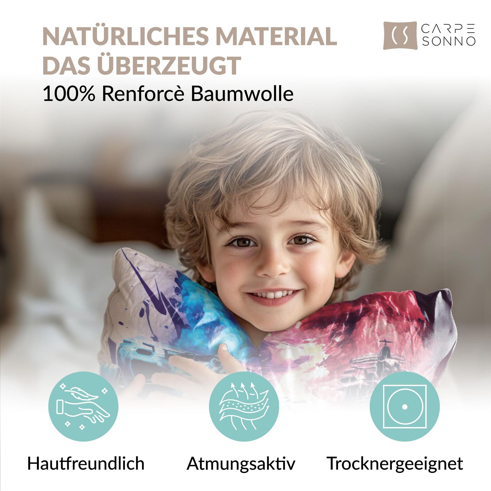 Carpe Sonno Kinderbettwäsche 135 x 200 Jungen Leuchtend Bettwäsche Kinder Rennwagen Auto + SPIELE, Renforcé, 2 teilig, GLOW IN THE DARK Bettbezug 135x200 - 100% Baumwolle