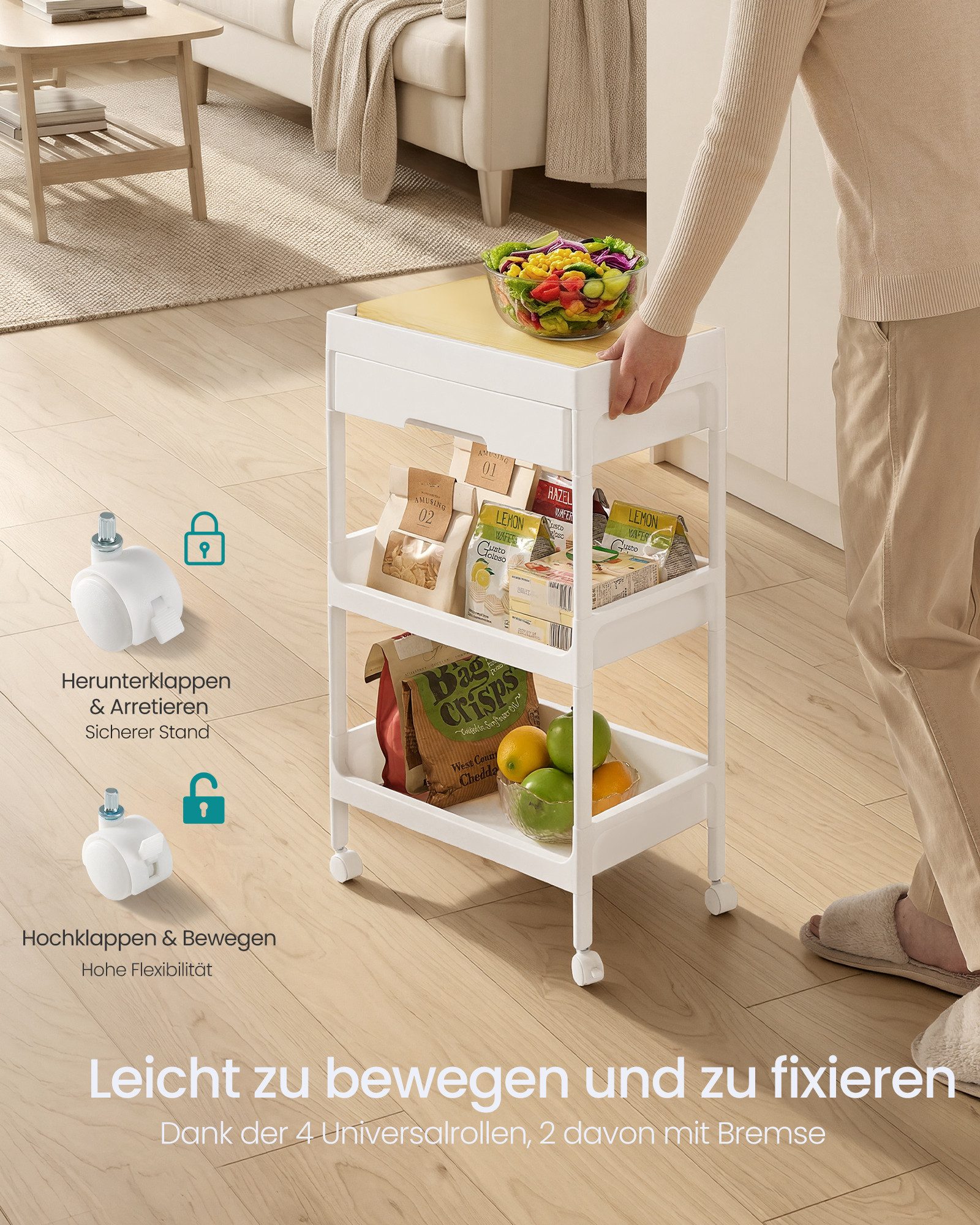 SONGMICS Beistellwagen Rollwagen Servierwagen, mit Schublade, abnehmbare Deckplatte, Küche, einfacher Aufbau, 3/4 Ebenen – Bild 5 von 5