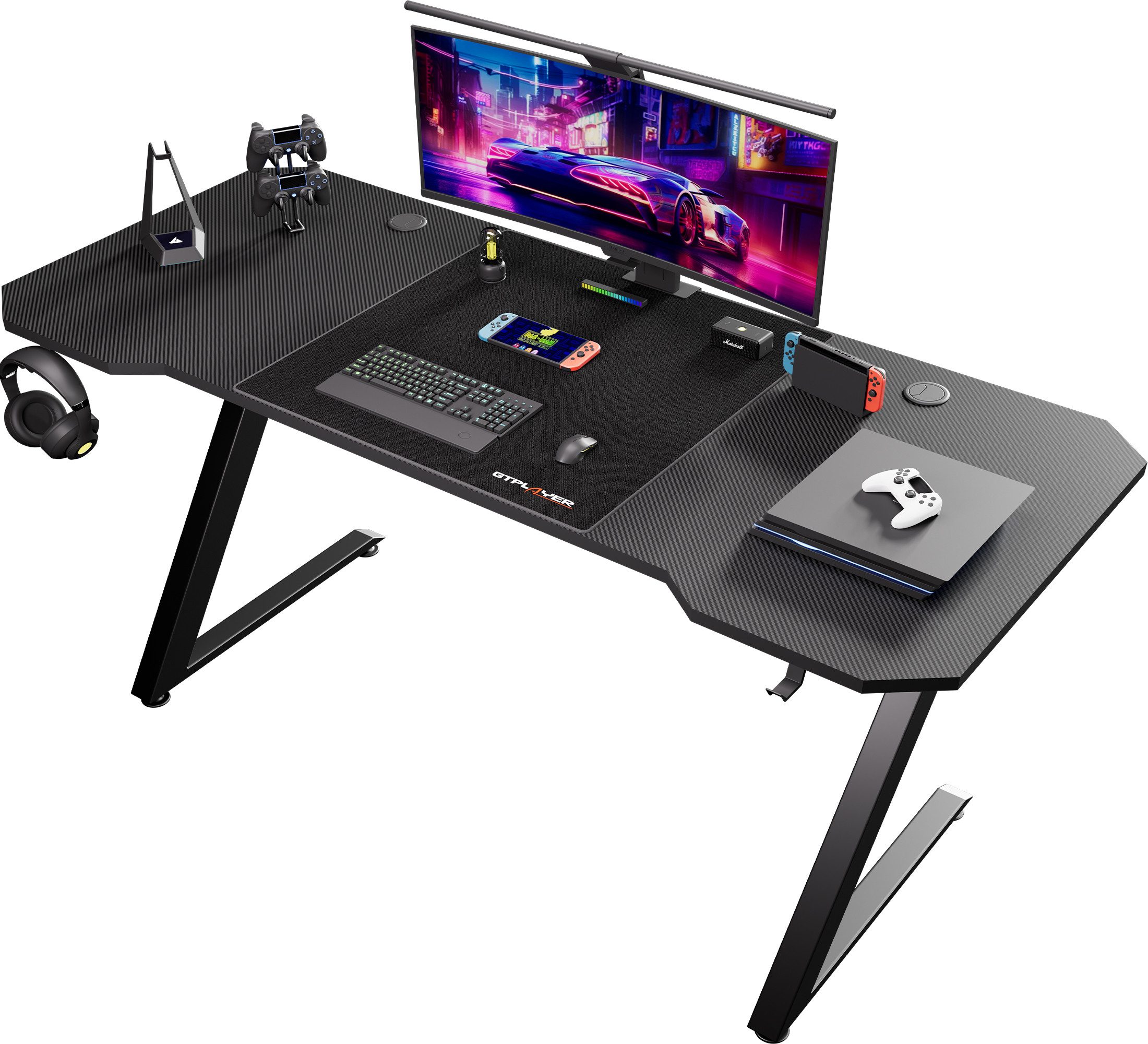 GTPLAYER Schreibtisch Gaming Tisch Schreibtisch mit Mauspad PC Tisch Kohlefaseroberfläche, Stabiler Computertisch mit Kopfhörerhaken und Getränkehalter, Schwarz