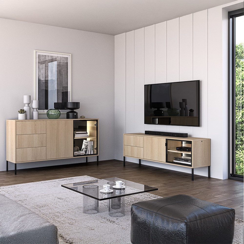 Lomadox Wohnzimmer-Set BANSIN-131, (Mega-Spar-Set, 2-St., Lowboard), in Eiche mit schwarz, griffloses Design, Glasfront, LED-Beleuchtung