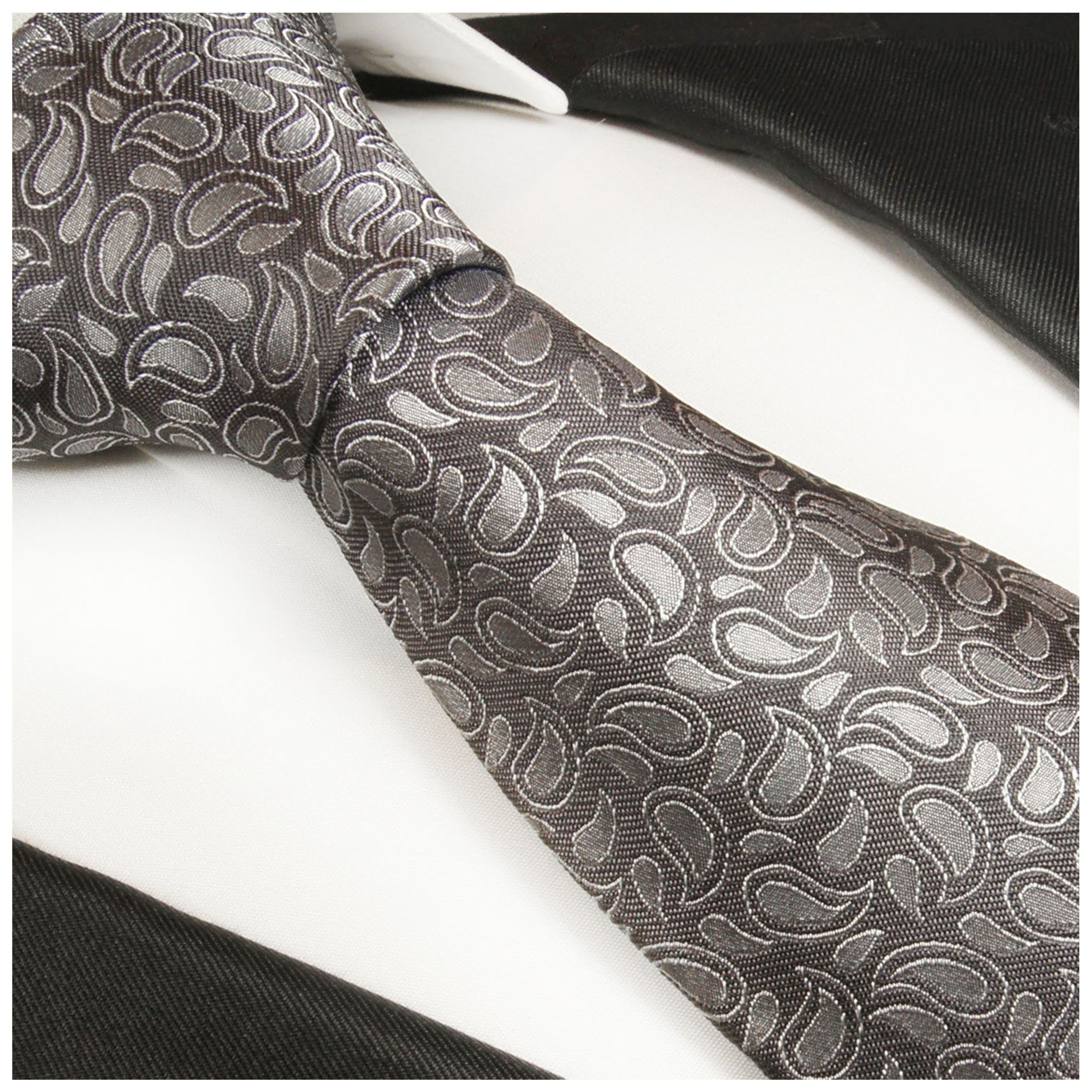 Paul Malone Krawatte 2-St., Einstecktuch) Krawatte paisley Seidenkrawatte 2005 Tuch Seide mit (6cm), grau silber Schmal (Set, mit modern Herren 100