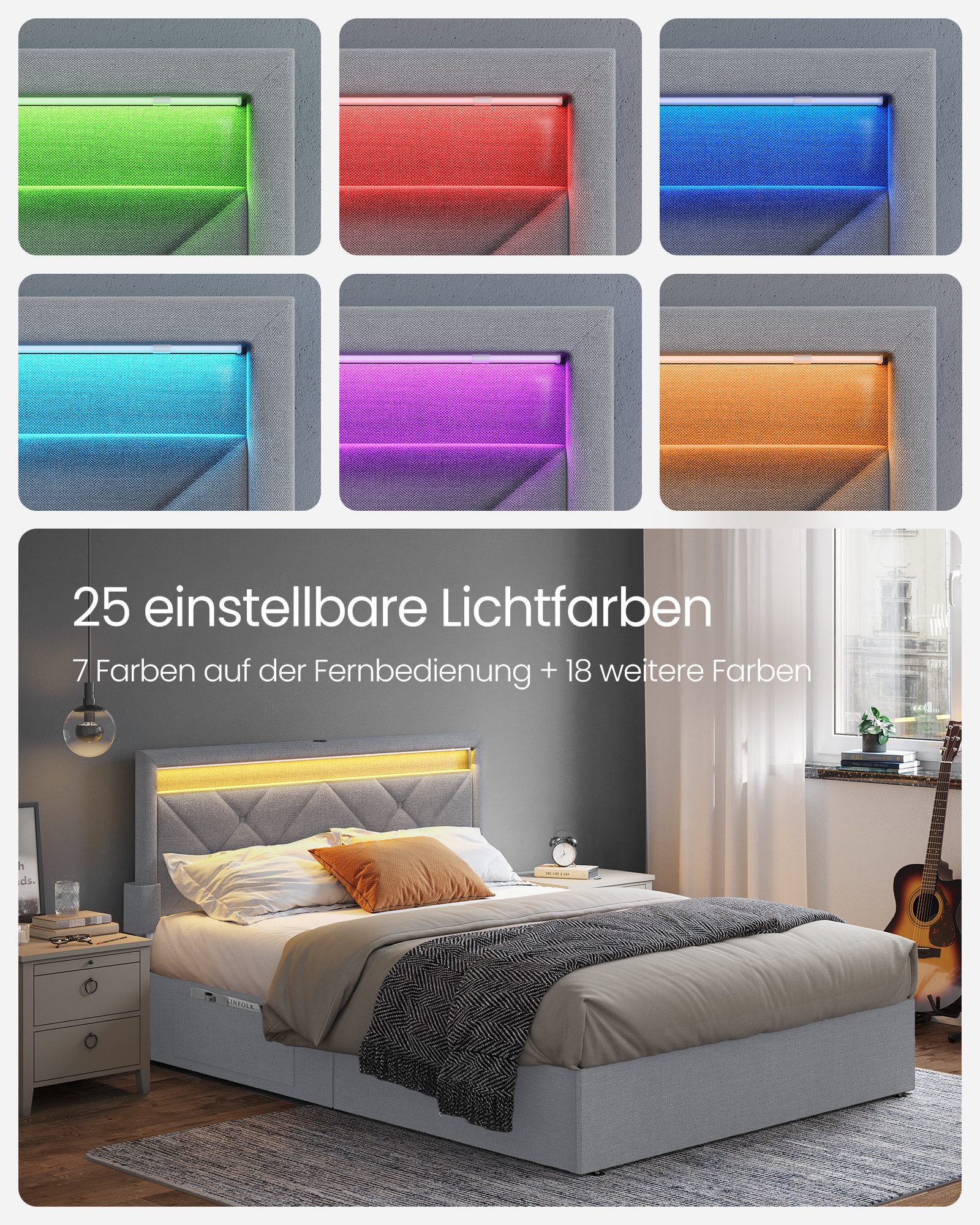 VASAGLE Polsterbett inkl. ergonomischer Matratze, 7-Zonen Taschenfederkernmatratze Set, 140x200 cm, 4 Schubladen, USB, H3 – Bild 3 von 5