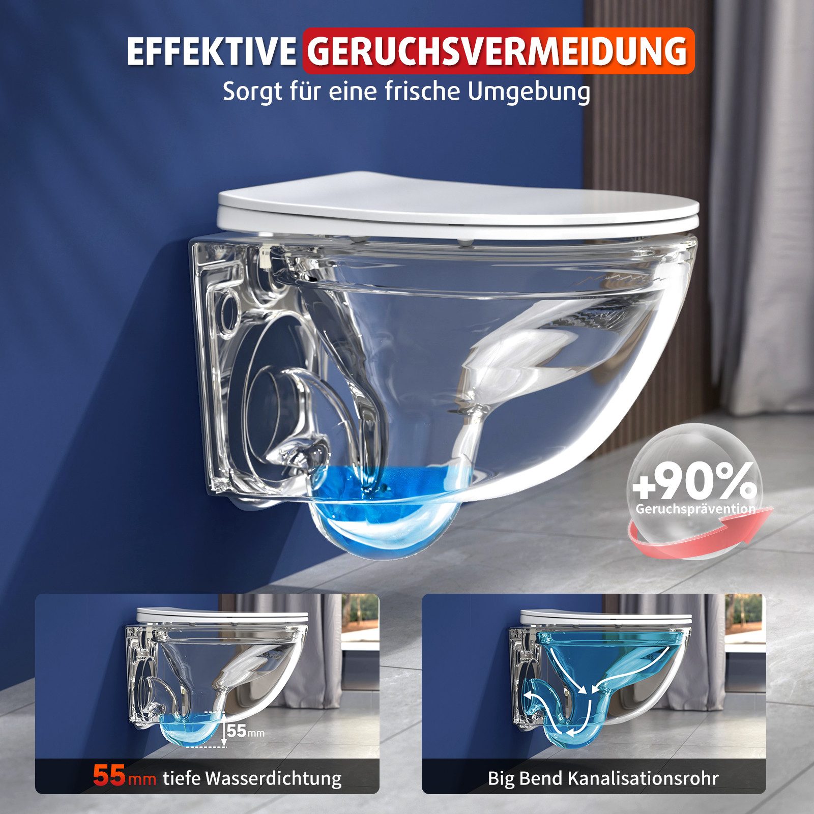 Rainsworth Tiefspül-WC Hänge WC Spülrandlos Toilette 4.5/3L Inkl. 24 h Gratis-Versand, wandhängend, 360° Einloch Spülung Wand WC mit Soft-Close, Weiß