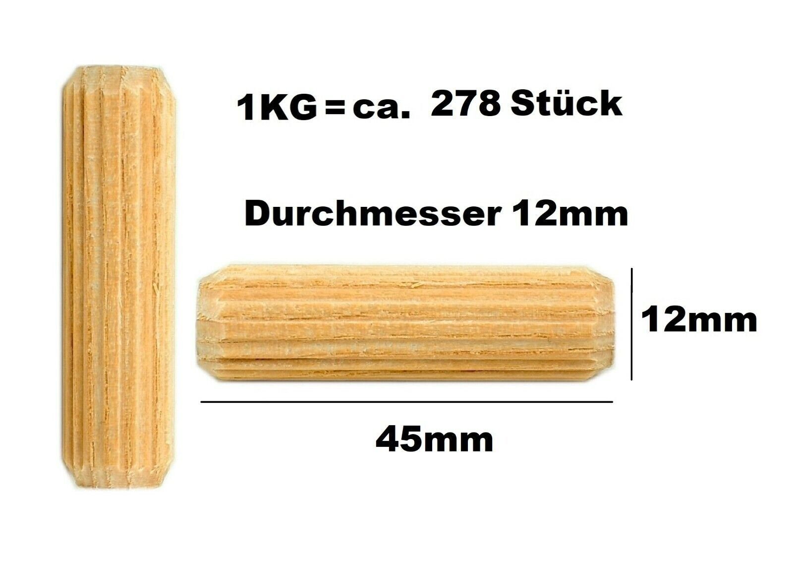 [40, 60]mm Ø12x 50, Buche Riffeldübel Holzdübel 1kg 45, Holzdübel Prima-Online Holzstifte