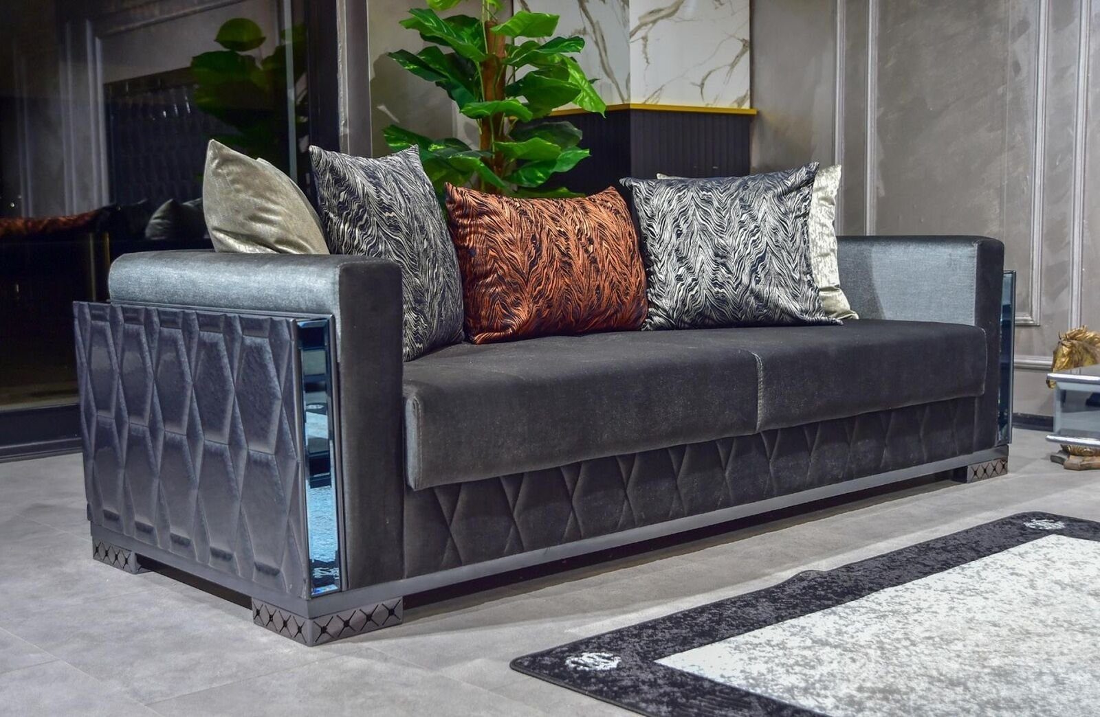Grau Luxus 3 Metall Dreisitzer 3-Sitzer Sofa Wohnzimmer Möbel Sitzer JVmoebel Textil mit