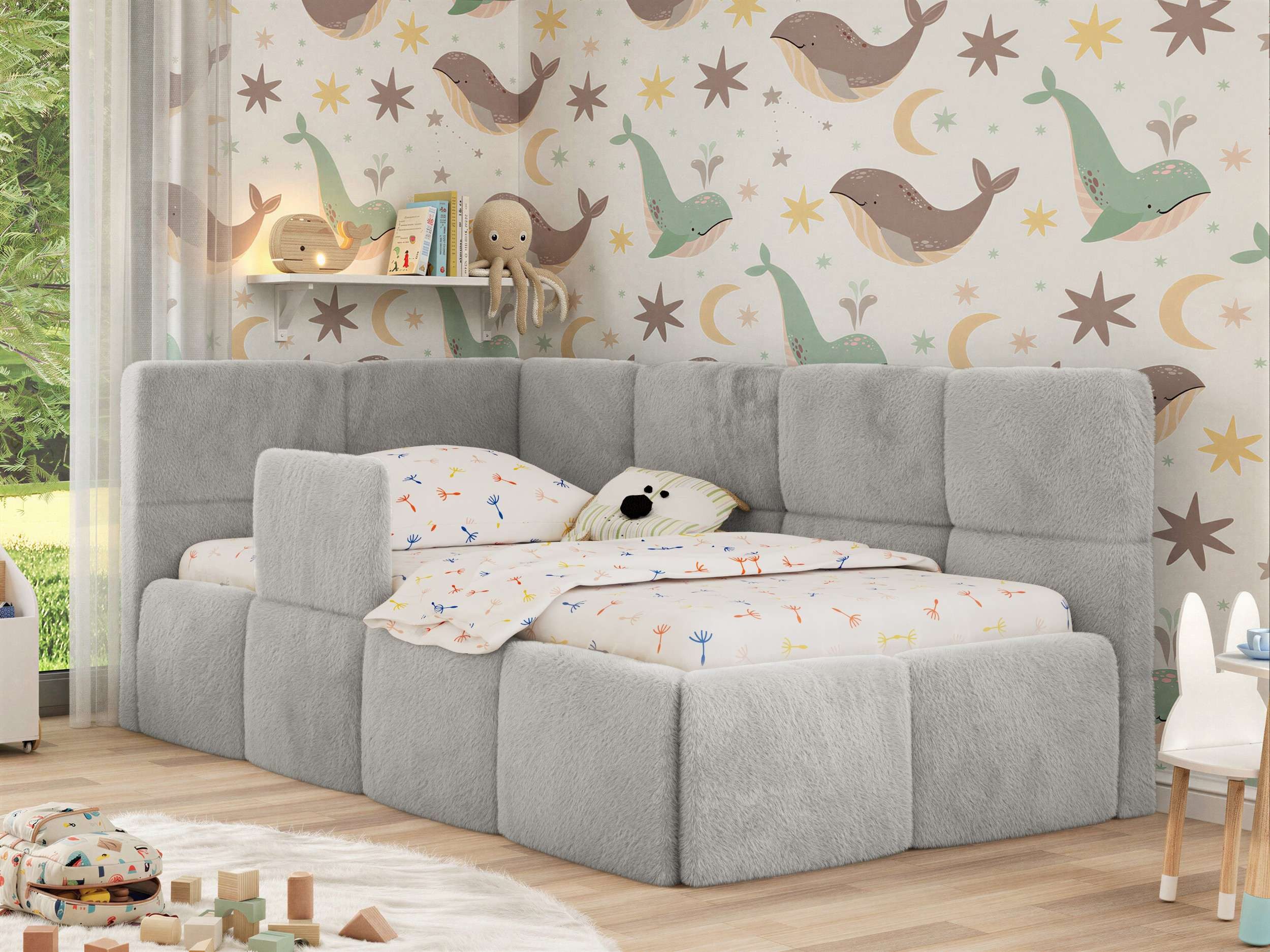 MKS MÖBEL Kinderbett ARVO ALTA (Set, inkl. Lattenrost, Bettkasten, Sicherheitsbarriere & Kopfteil), Eckbett mit Stauraum, Rausfallschutz & Gasdruckfedern
