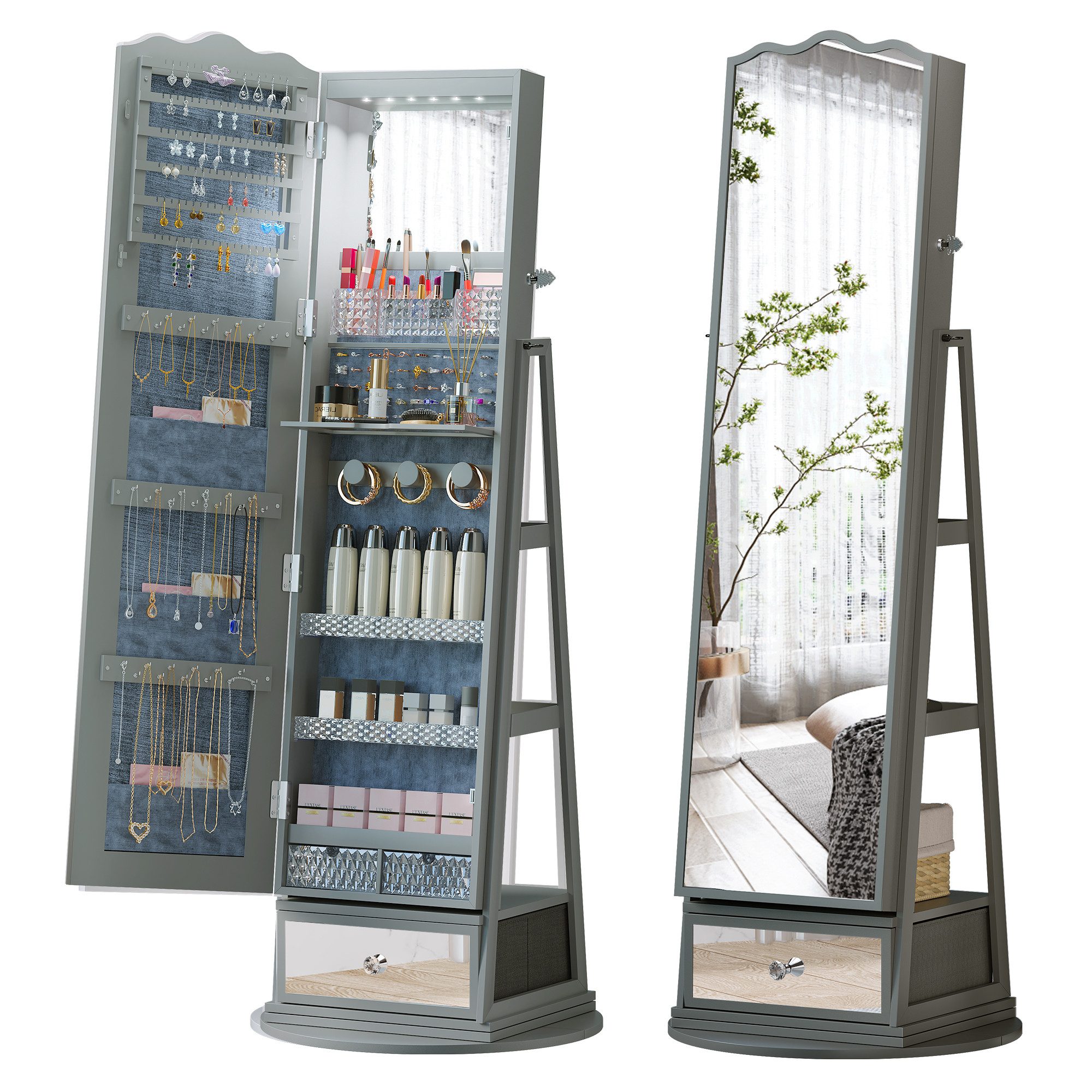 Schmuckschrank 360° Drehbarer Schmuckschrank mit LED, Vollspiegel, Schminkspiegel