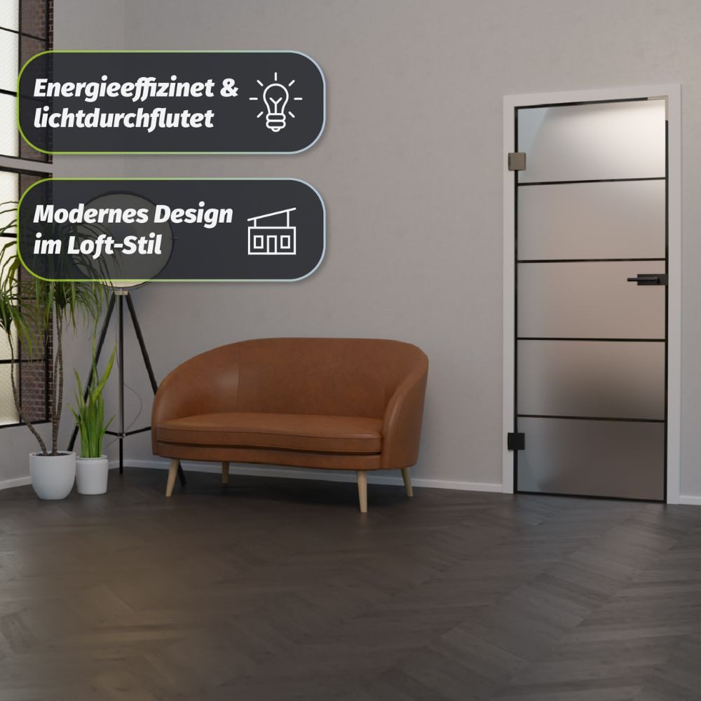 HORI Zimmertür Glastür aus ESG Glas Zimmertür Modernes Loft-Design in Schwarz, Thermisch behandeltes Glas, erhöhte Stoß- und Schlagfestigkeit