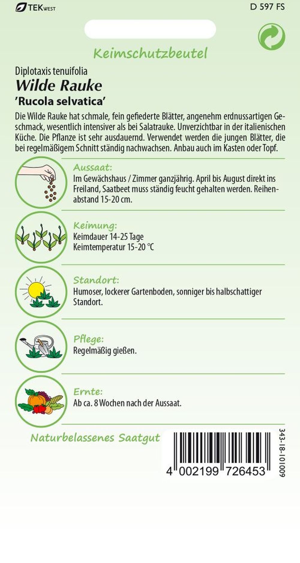 SAMEN PFANN Kräutersamen Wilde Rauke - Kräuter-Samen Gewürz Rauken-Samen Saatgut Samen, Diplotaxis tenuifolia