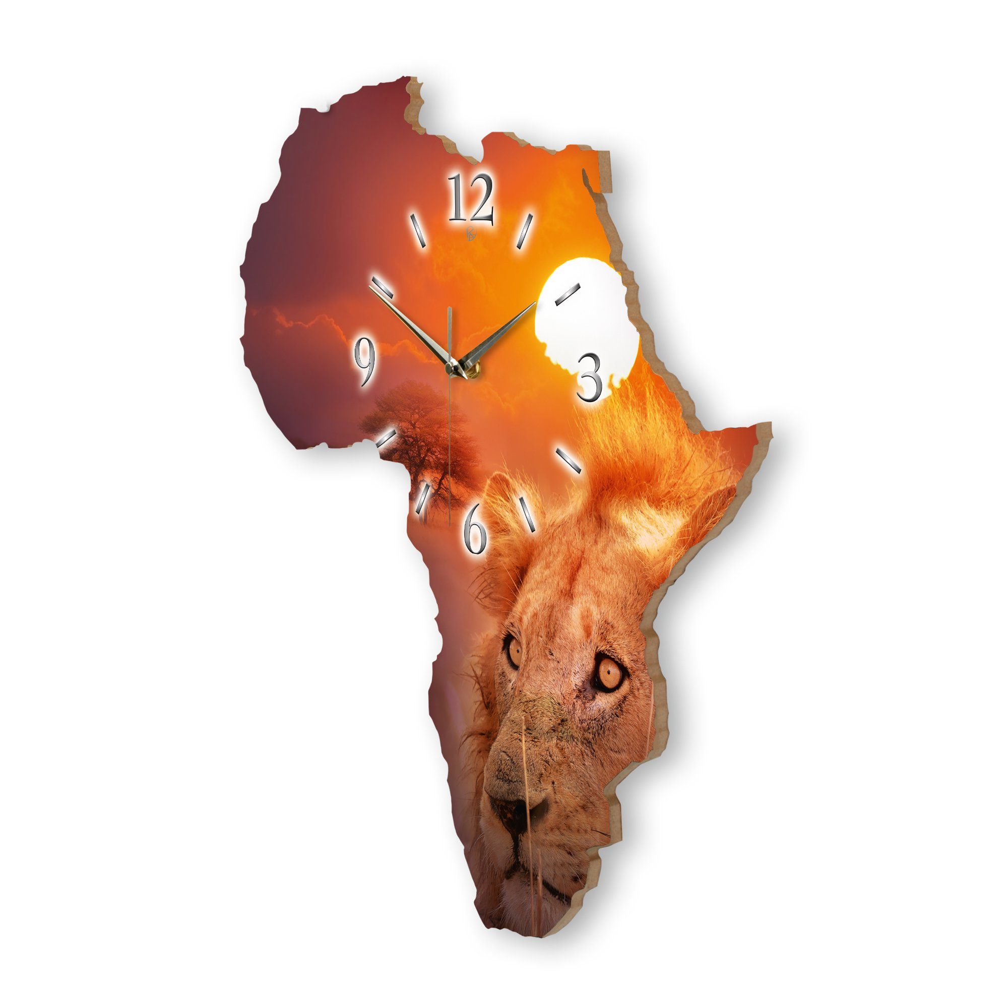 (ohne Funk- außergewöhnlich, Kreative Wanduhr oder Feder Ticken; "Afrika" Landkarten-Design Löwe im modern) Motiv Quarzuhrwerk; Designer-Wanduhr elegant,