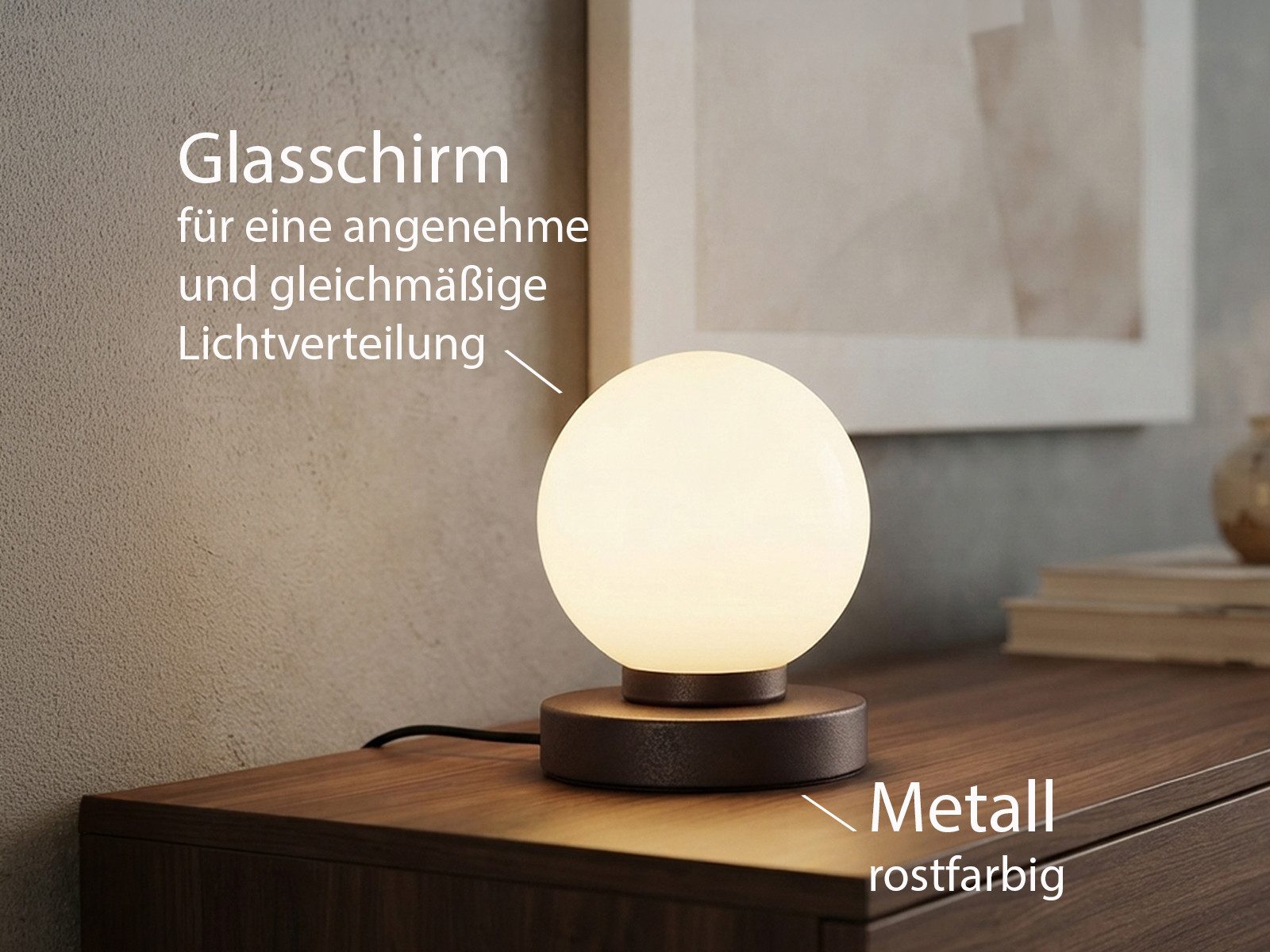 Reality Leuchten LED Nachttischlampe touch Kugel-Lampe, Höhe 15cm, dimmbar, LED wechselbar, Warmweiß, kleine Tischlampe mit Glas-Kugel, Tischleuchte inkl. E14 L – Bild 5 von 5
