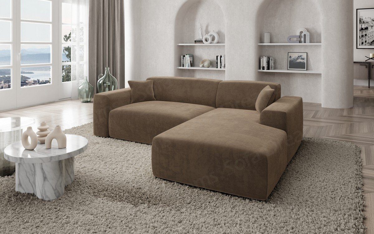 Sofa Dreams Ecksofa Design Samt Stoff Sofa Mallorca L Form kurz Modern Stoffsofa, Loungesofa, Ausrichtung frei wählbar hellbraun09