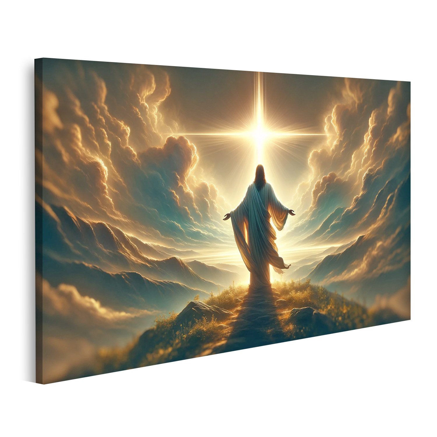 Leinwandbild Jesus im Sonnenlicht auf Hügel Erlöser