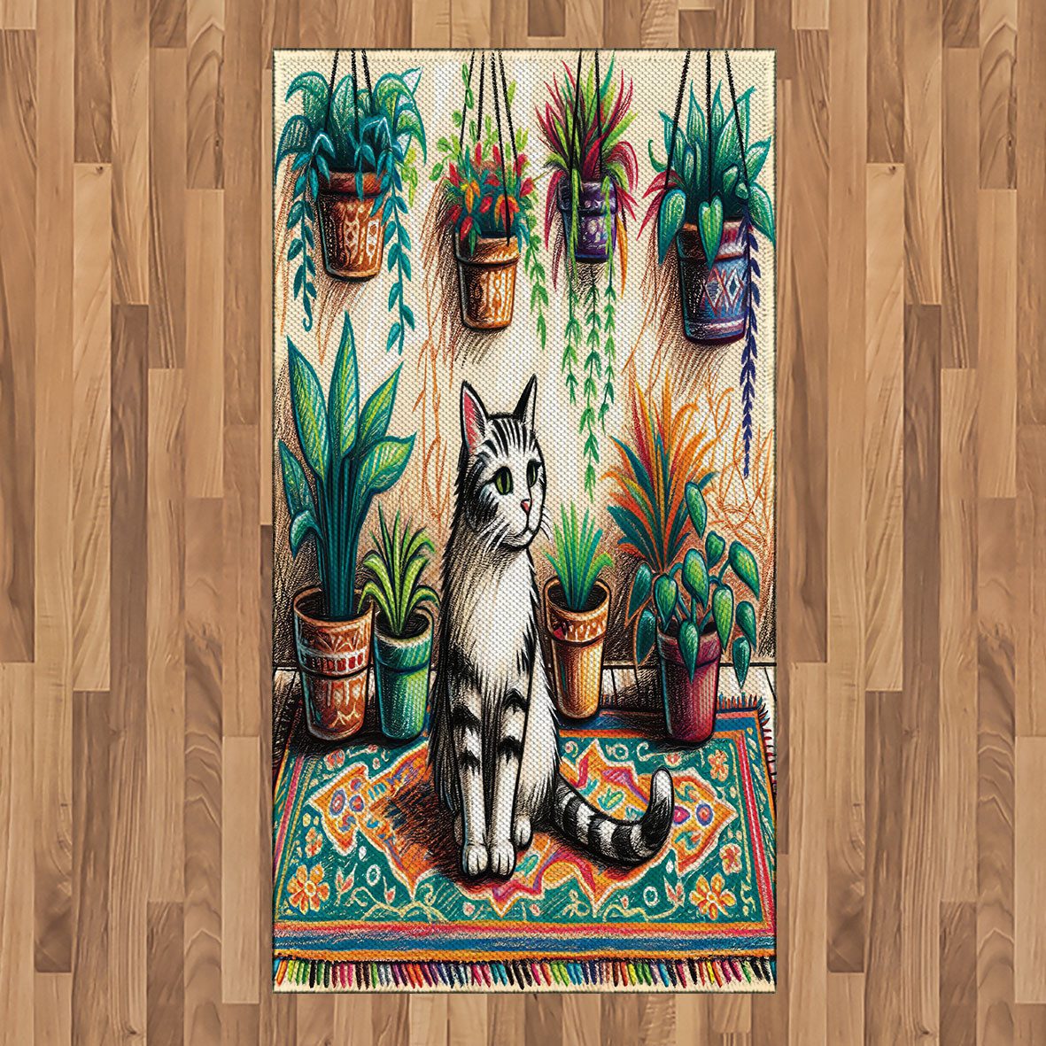 Teppich Flachgewebe Deko-Teppiche für das Wohn-,Schlaf-, und Essenszimmer, Abakuhaus, rechteckig, Katze Gemäldeartiges Kätzchen mit Pflanzen