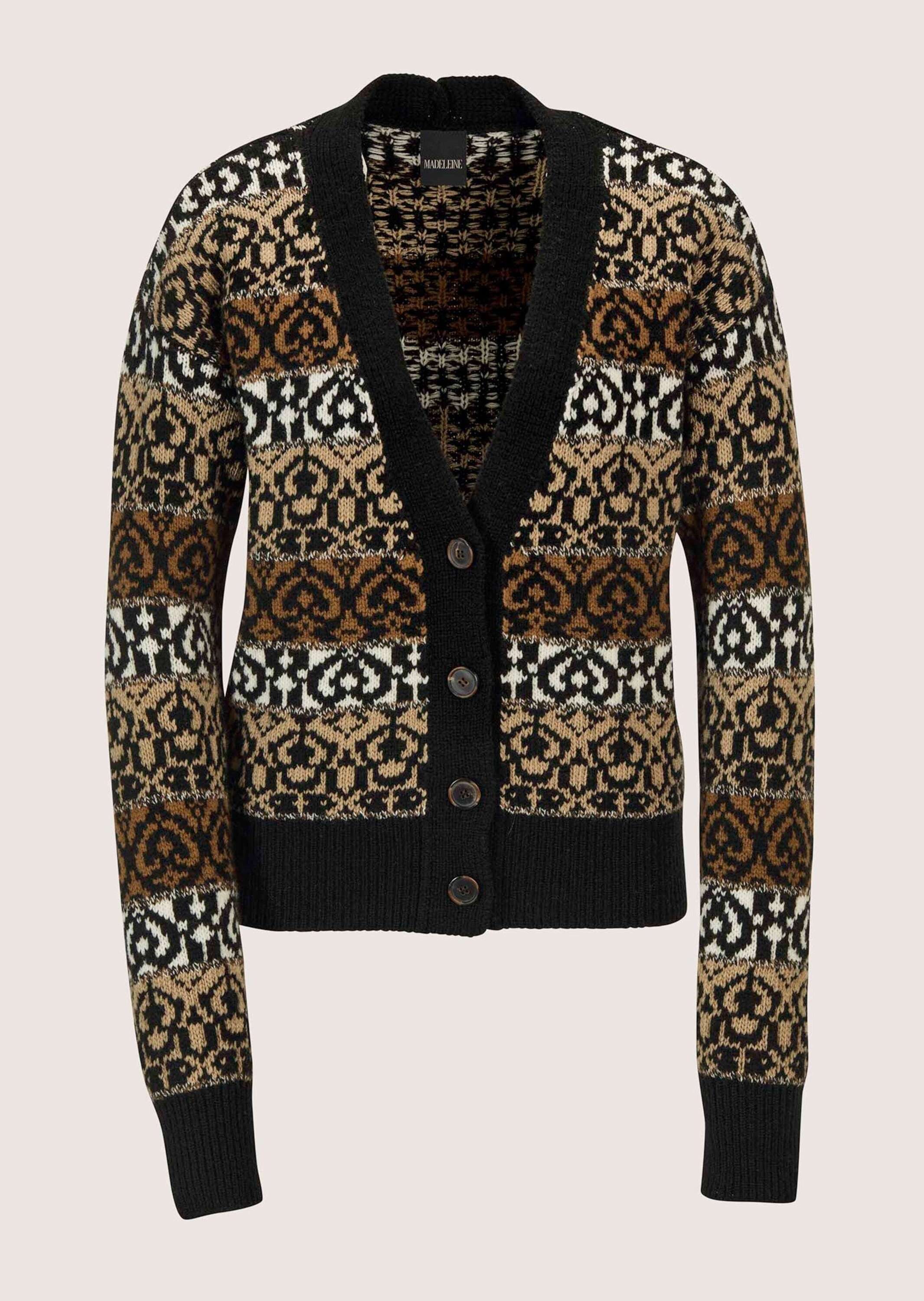MADELEINE Strickjacke Luxuriöse Jacquard-Strickjacke mit V-Ausschnitt Elegante Kurzjacke mit Knopfleiste und Langarm