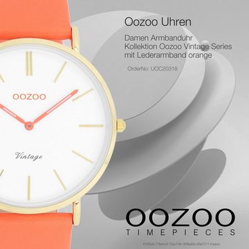 OOZOO Quarzuhr Oozoo Damen Armbanduhr Vintage Series, (Analoguhr), Damenuhr rund, groß (ca. 40mm), Lederarmband orange, Fashion