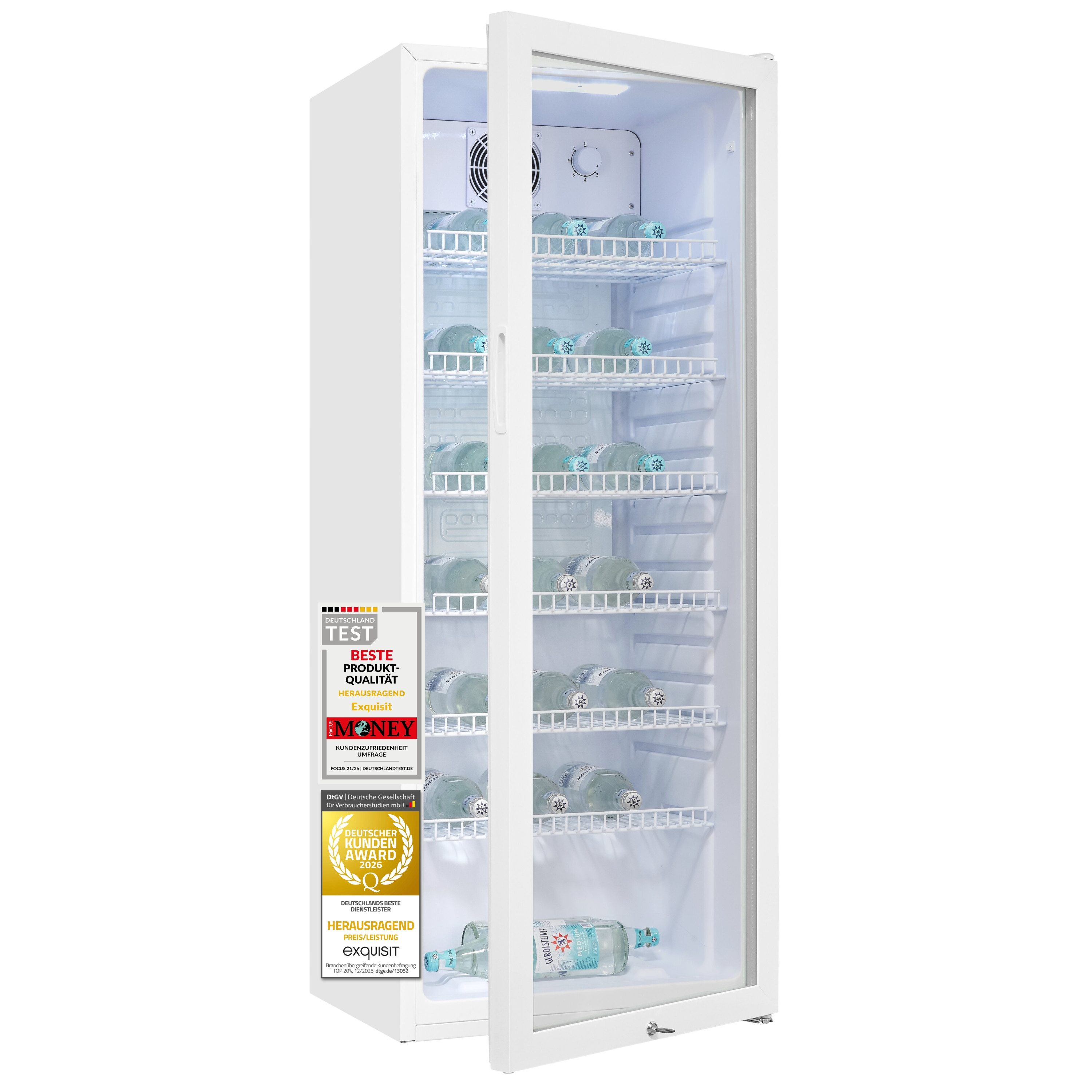 exquisit Getränkekühlschrank GKS5240-GT-160C, 140 cm hoch, 54 cm breit, Isolierglastür, Gitterablage, manuelle Temperaturregelung