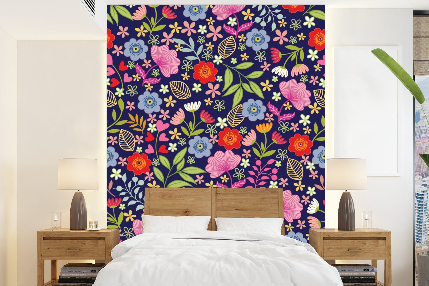 MuchoWow Fototapete Blumen - Farben - Muster, Matt, bedruckt, (4 St), Montagefertig Vinyl Tapete für Wohnzimmer, Wandtapete