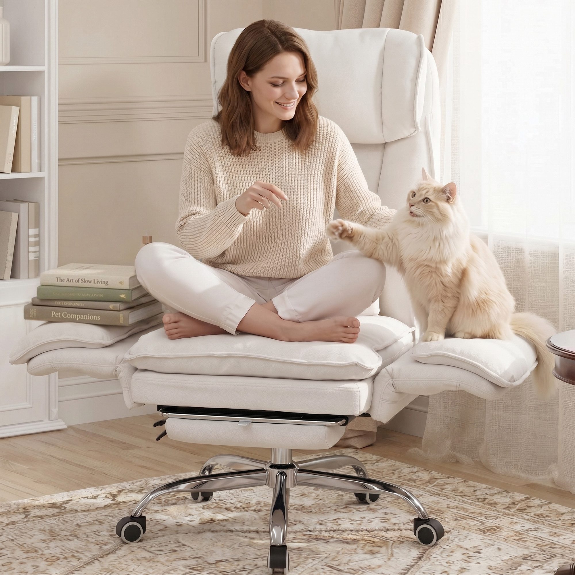UEV Bürostuhl ergonomisch mit klappbarer Fußstütze Mesh bis 226kg, neigbar bis 150° (Packung), Hochklappbare Armlehnen/Integrierte Fußstütze/leichtgängiges Rad