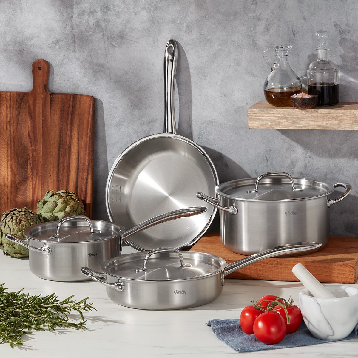 Fissler Topf-Set Fissler M5 Pro-Ply®, Edelstahl-Topfset (7-teilig), Edelstahl 18/10 (Set, 7-tlg., 7-teilig: Bratpfanne, Kochtopf, Sauteuse und Stielkasserolle), 7-teiliges Premium Kochgeschirr mit Pro-Ply™ Technologie