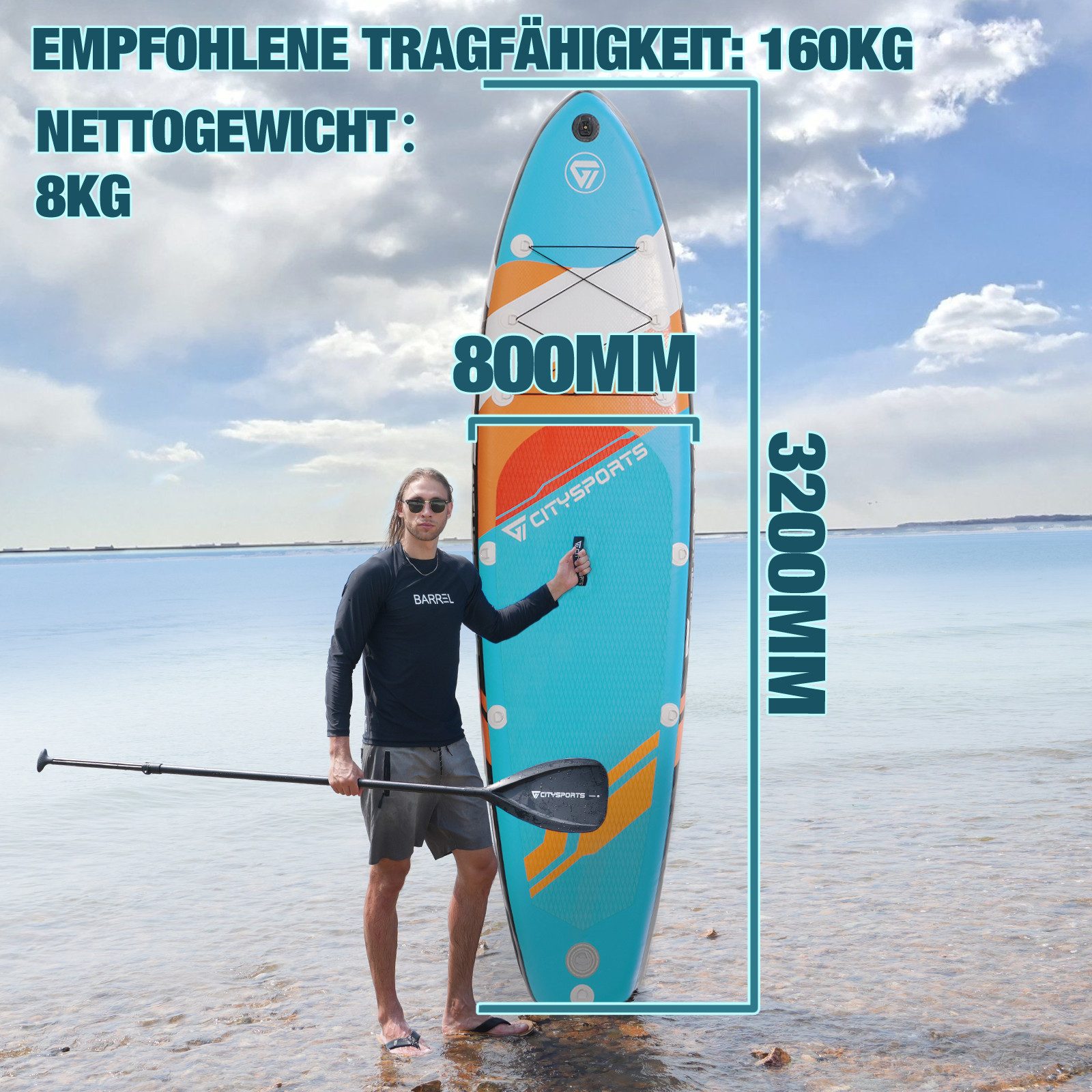 CITYSPORTS Stand Up Paddle Set 320x80x15 cm bis zu 160kg SUP-Board SUP-Paddel, Aufblasbar Stabil Leicht Komplett Set Tragetasche Paddel