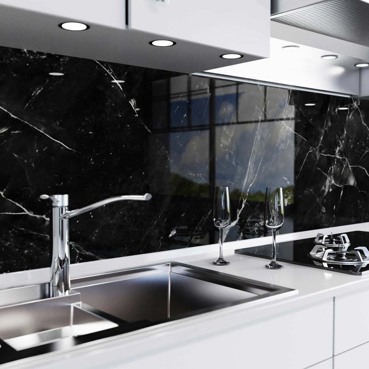 danario Küchenrückwand selbstklebend - Glasoptik - Spritzschutz Küche - versteifte PET Folie Marmor schwarz